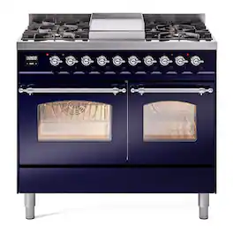 ILVE - Nostalgie II Series 40 in. Dual Fuel Range with 6 Sealed Burners + Griddle (Liquid Propane, Chrome Trim) - Midnight Blue