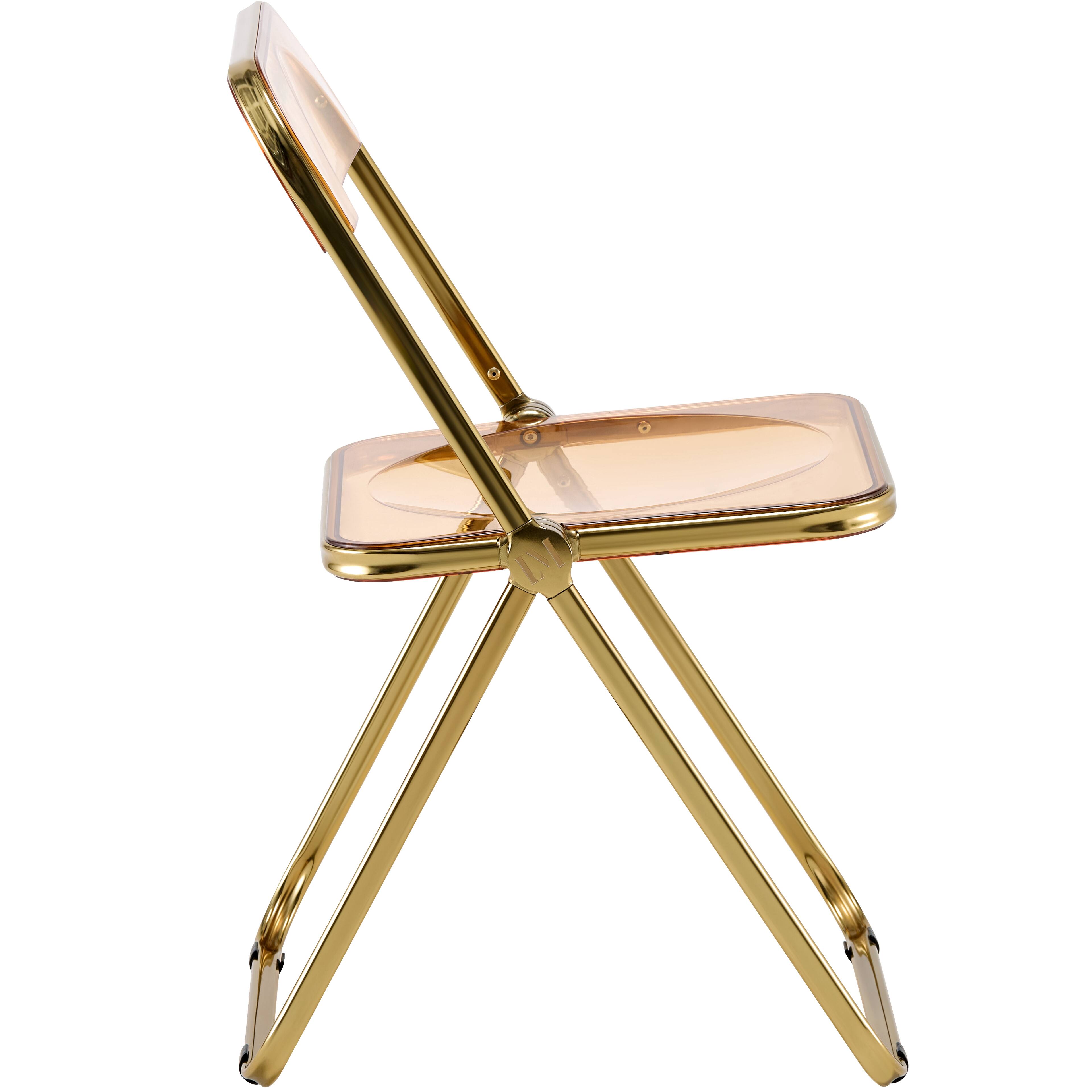 Alt View 3. LeisureMod - Lawrence 2-PCS Clear Accent Chair, Folding Acrylic Design with Gold Chrome Frame, Portable Assembled Seating - Amber.