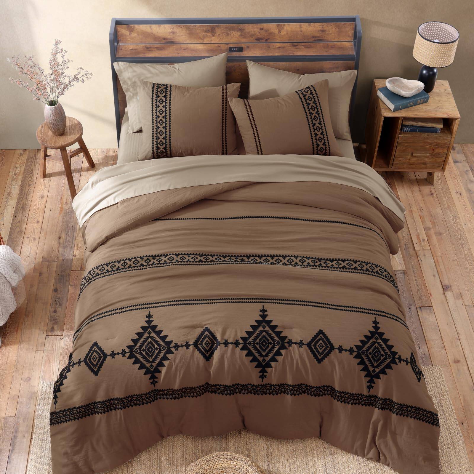 Alt View 4. Dapper Styles - Embroidery Comforter Set Boho Farmhouse Western Bedding All Season Bed In A Bag With Sheets Pillowcases Shams - Navy-King 7 Piece.