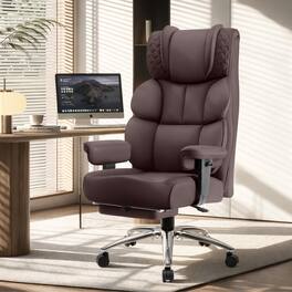 KERDOM - Large PU Leather Office Chair with Footrest, Ergonomic Wide Seat Comfy Executive High Back Reclining Desk Gaming Chair - Coffee