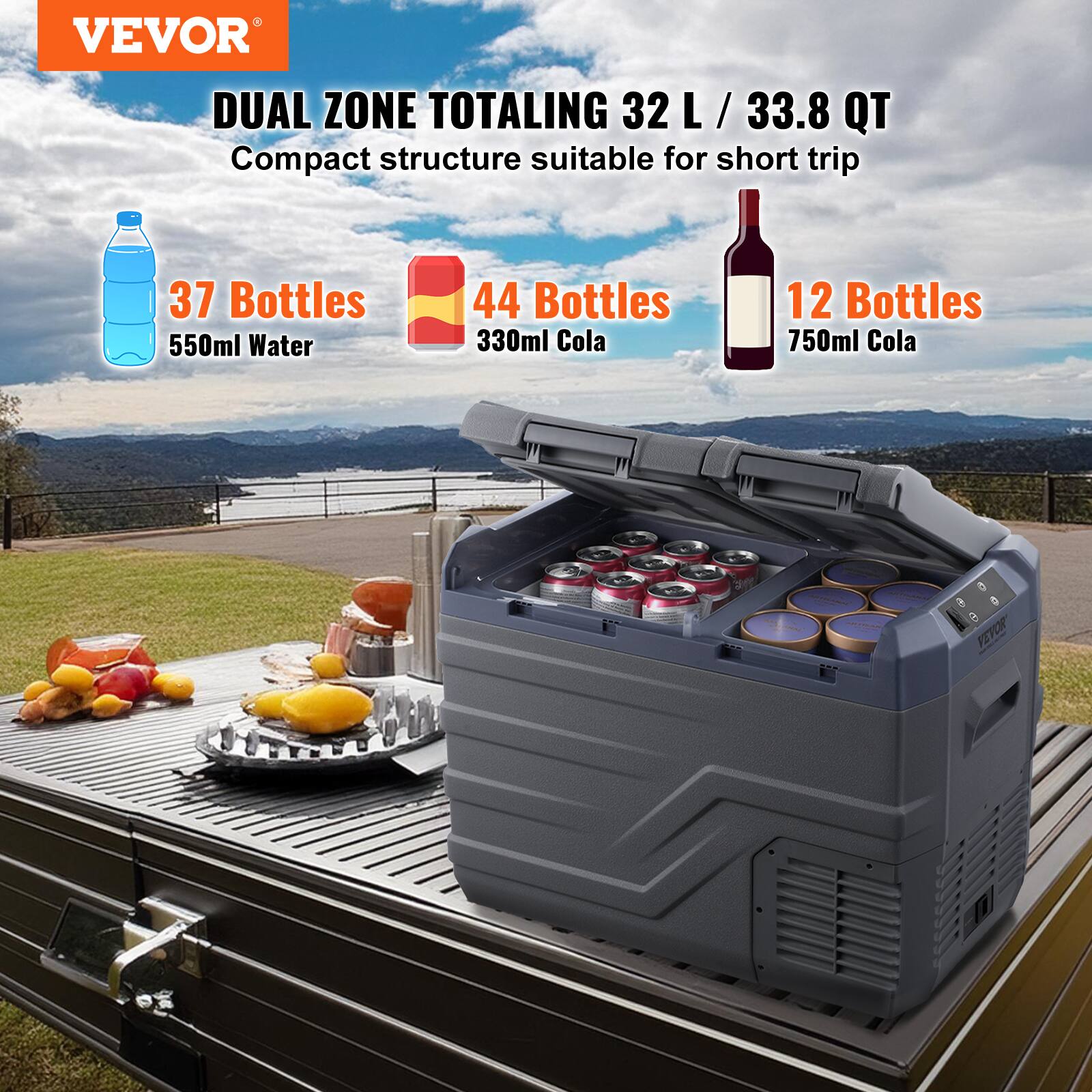 VEVOR DUAL ZONE TOTALING 32 L / 33.8 QT Compact structure suitable for short trip 37 Bottles 550ml Water 44 Bottles 330ml Cola 12 Bottles 750ml Cola