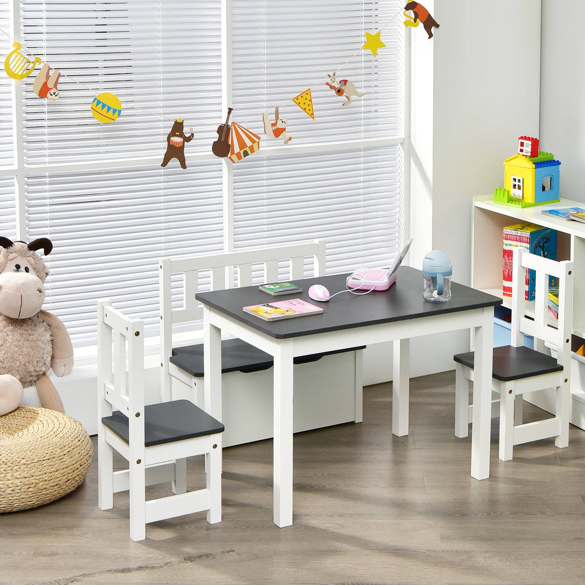 Alt View 1. Costway - Costway 4 PCS Kids Wooden Activity Table & Chairs Set with Storage Bench Study Desk - Grey,White.