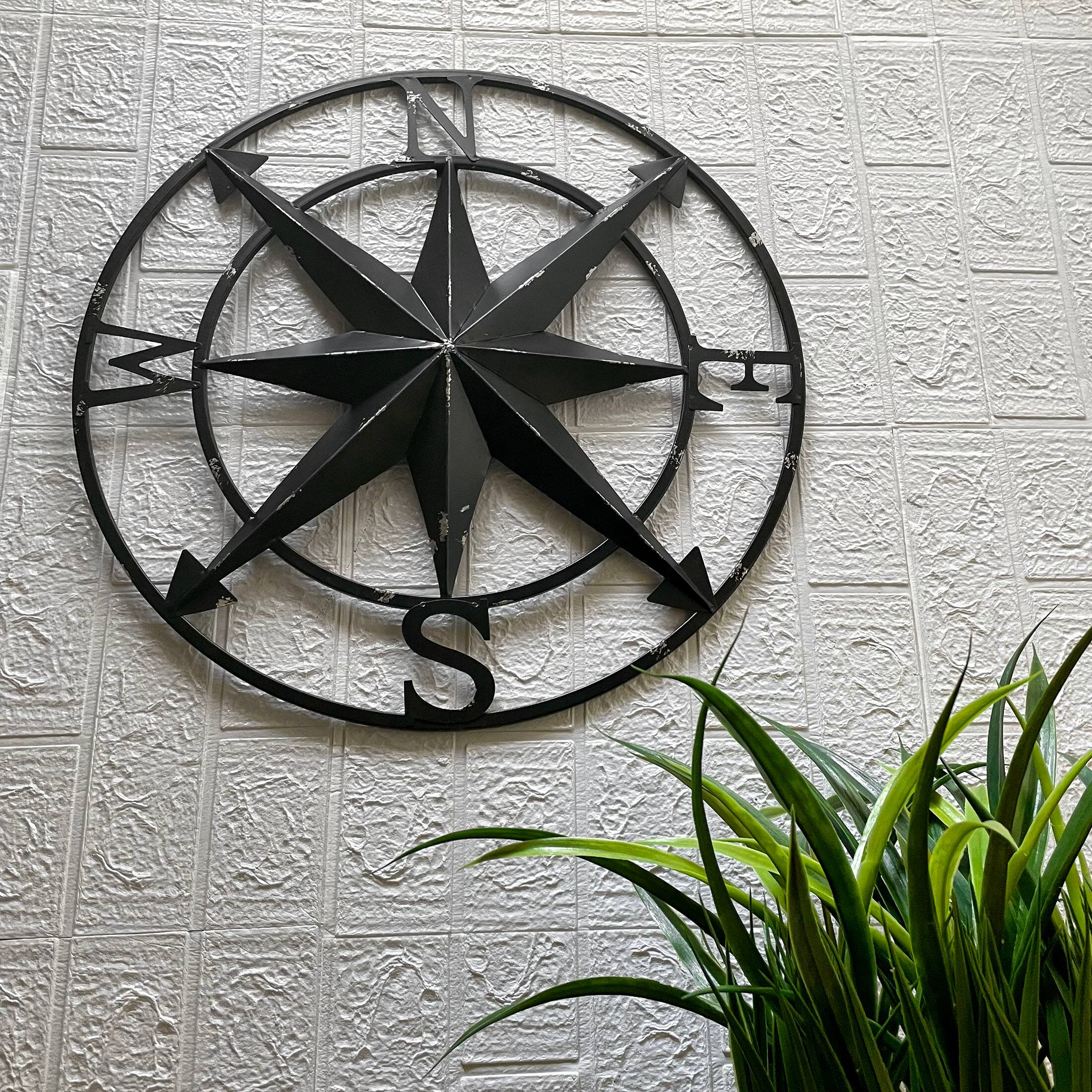 Alt View 3. Zeckos - 20 Inch Distressed Metal Compass Rose Nautical Wall Decor Indoor Outdoor, Black - Black.