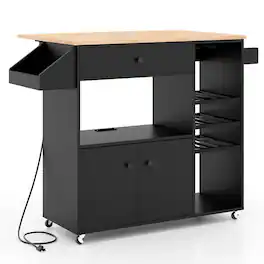 SlickBlue - Rolling Kitchen Island Cart with Drop Leaf, Power Outlet, and Adjustable Storage - Black