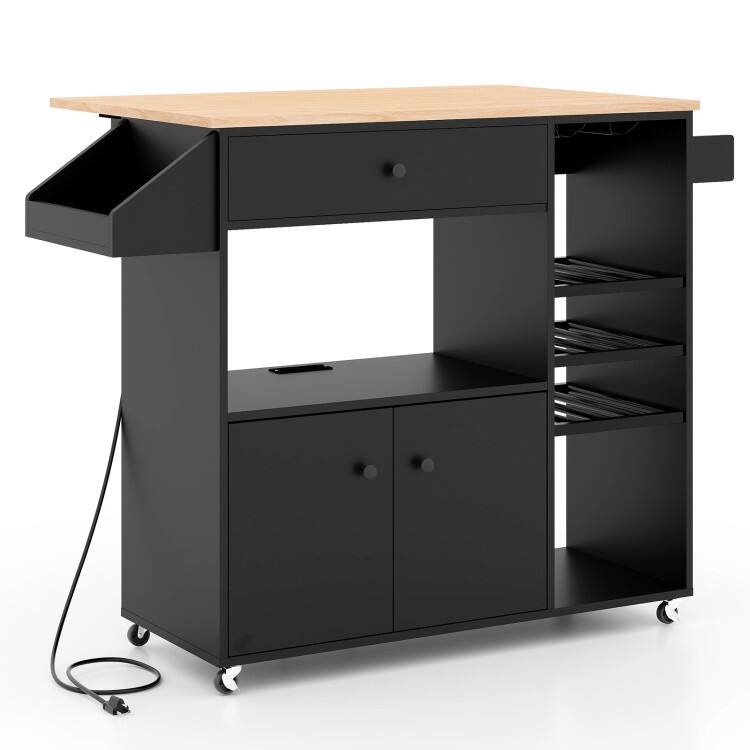 Front. SlickBlue - Rolling Kitchen Island Cart with Drop Leaf, Power Outlet, and Adjustable Storage - Black.