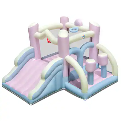 Front. Costway - Macron Pastel Bounce House with Slide Basketball Hoop Boxing Blower Not Included - Multicolor.