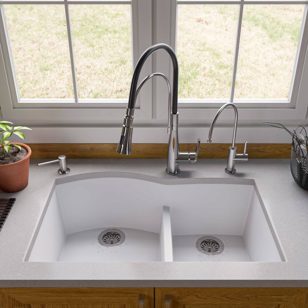 Left. Alfi - White 33" Double Bowl Undermount Granite Composite Kitchen Sink - White.