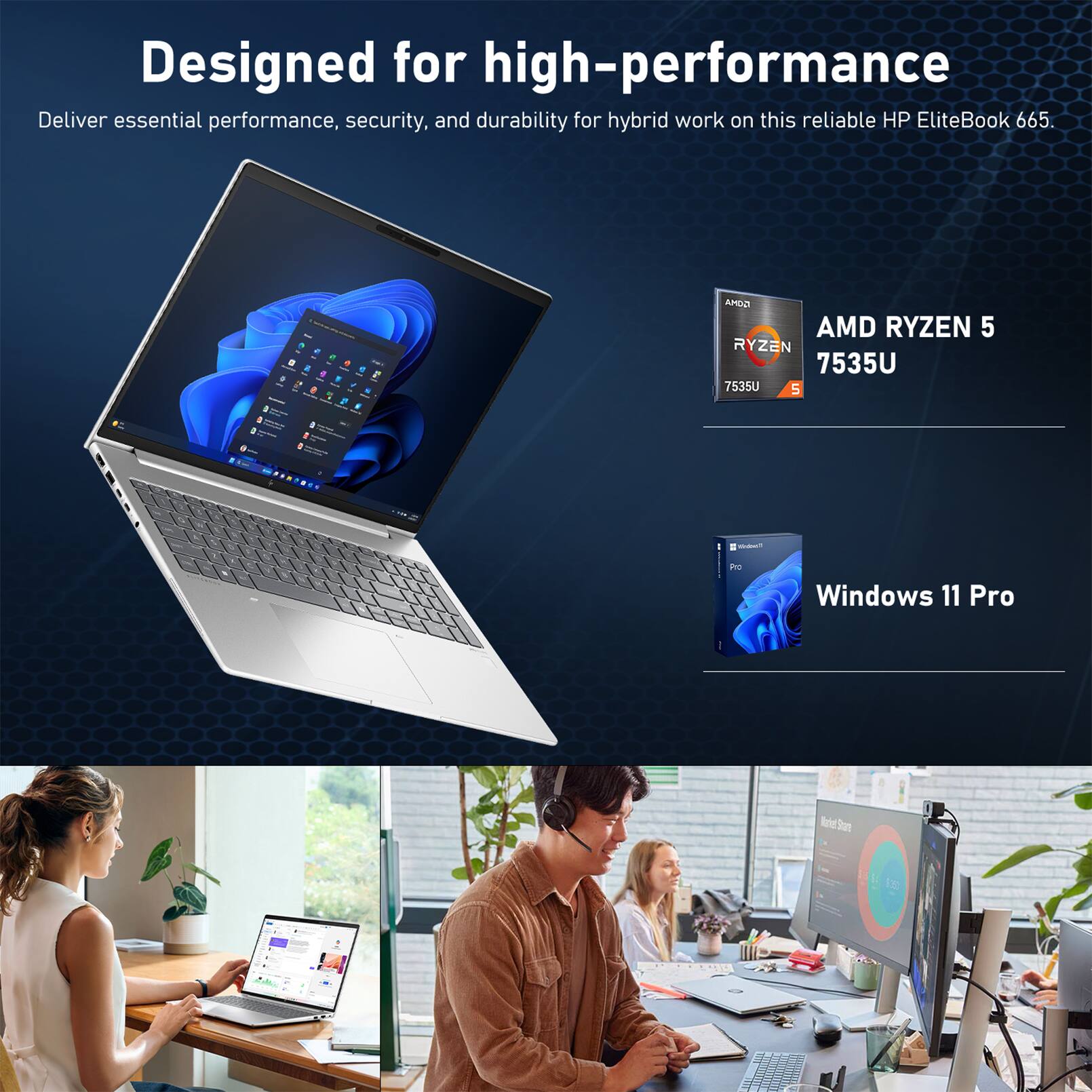 Designed for high-performance

Deliver essential performance, security, and durability for hybrid work on this reliable HP EliteBook 665.

AMD RYZEN 5 7535U

Windows 11 Pro
