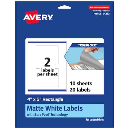 Go to avery.com/templates
AVERY
Use Avery Template Presta 94253
TRUEBLOCK
2 labels per sheet
10 sheets 20 labels
4" x 5" Rectangle Matte White Labels with Sure Feed Technology for Laser/Inkjet