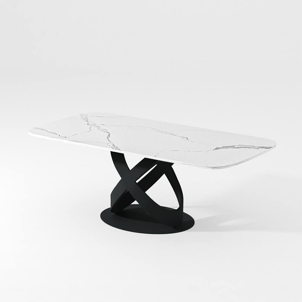Alt View 1. POVISON - 71"Modern White Dining Table for 6 (In Stock), Matte Sintered Stone Tabletop, Solid Black Carbon Steel Base - White & Black.