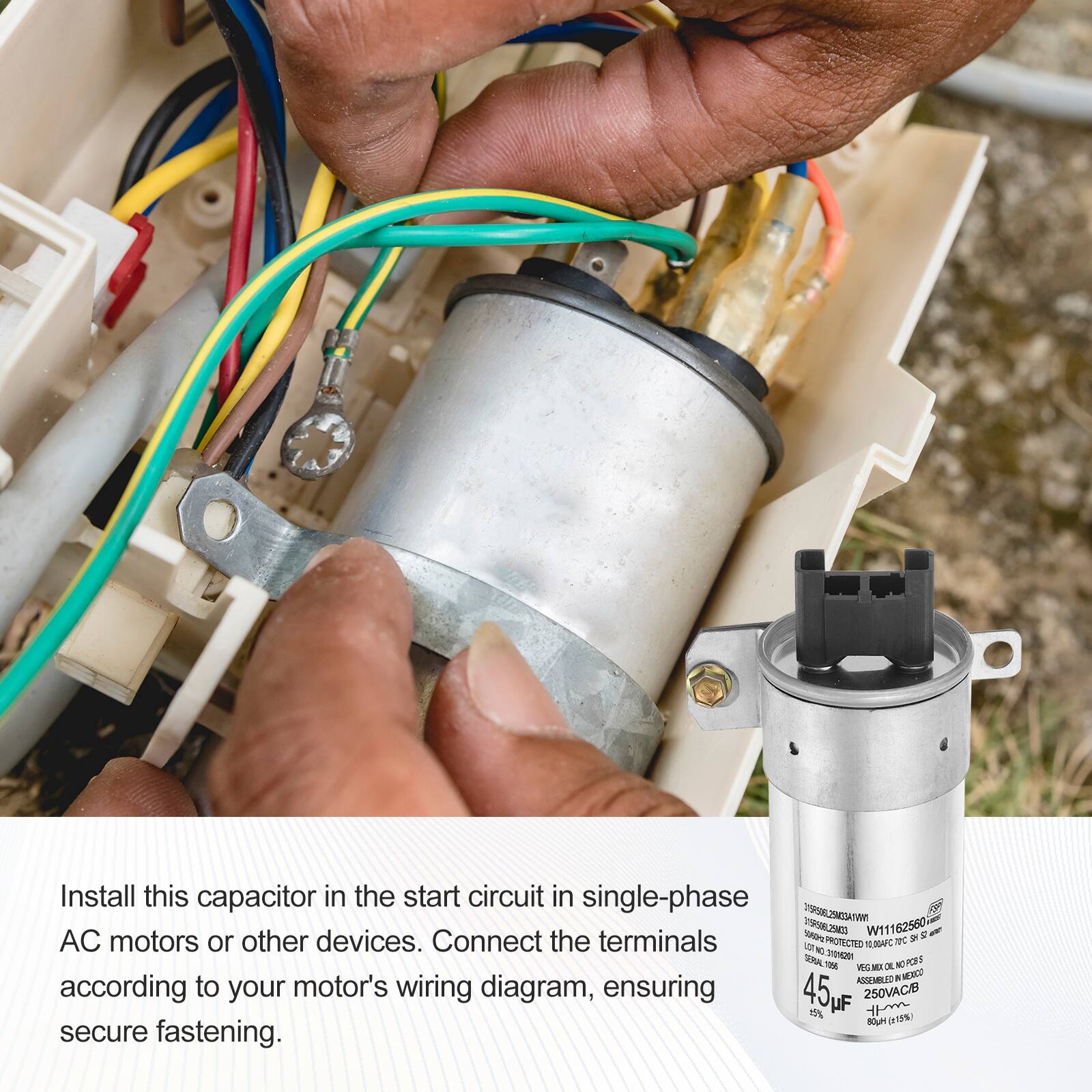 Install this capacitor in the start circuit in single-phase AC motors or other devices. Connect the terminals according to your motor's wiring diagram, ensuring secure fastening.