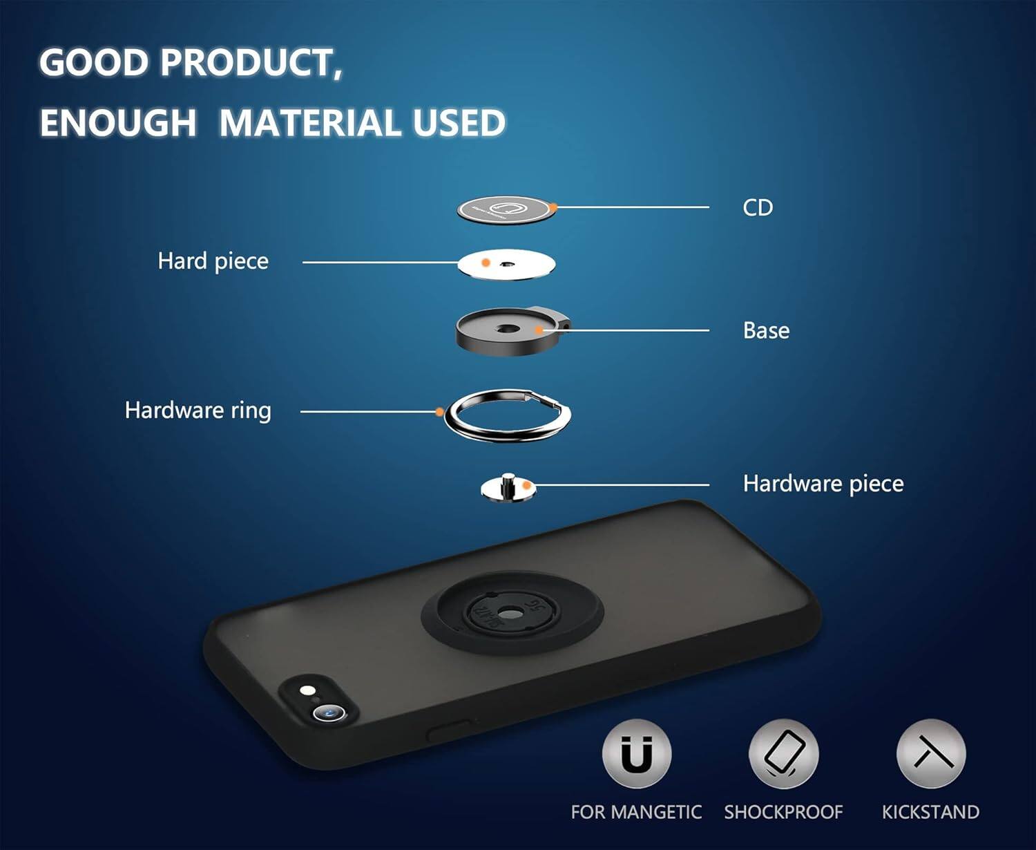 GOOD PRODUCT, ENOUGH MATERIAL USED
CD, Hard piece, Base, Hardware ring, Hardware piece
FOR MANGETIC, SHOCKPROOF, KICKSTAND
