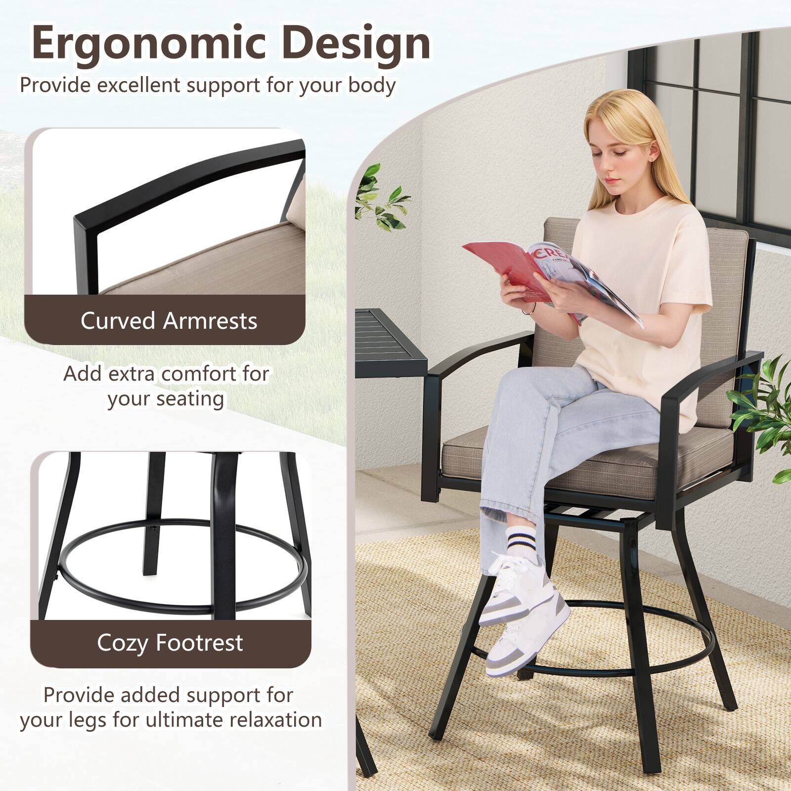Ergonomic Design  
Provide excellent support for your body  

Curved Armrests  
Add extra comfort for your seating  

Cozy Footrest  
Provide added support for your legs for ultimate relaxation
