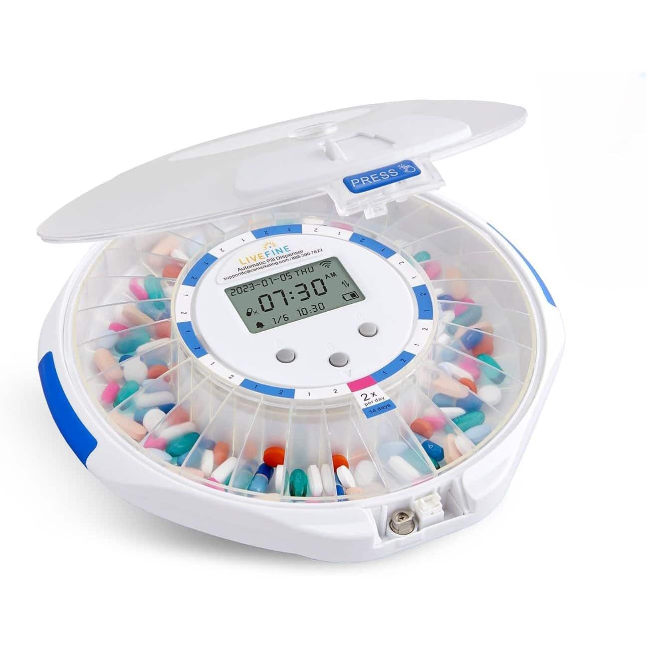 LiveFine - Smart WiFi Automatic Pill Dispenser 28-Day Organizer 9 Doses Daily Lock Key Alarms (Frosted) - Frosted Lid