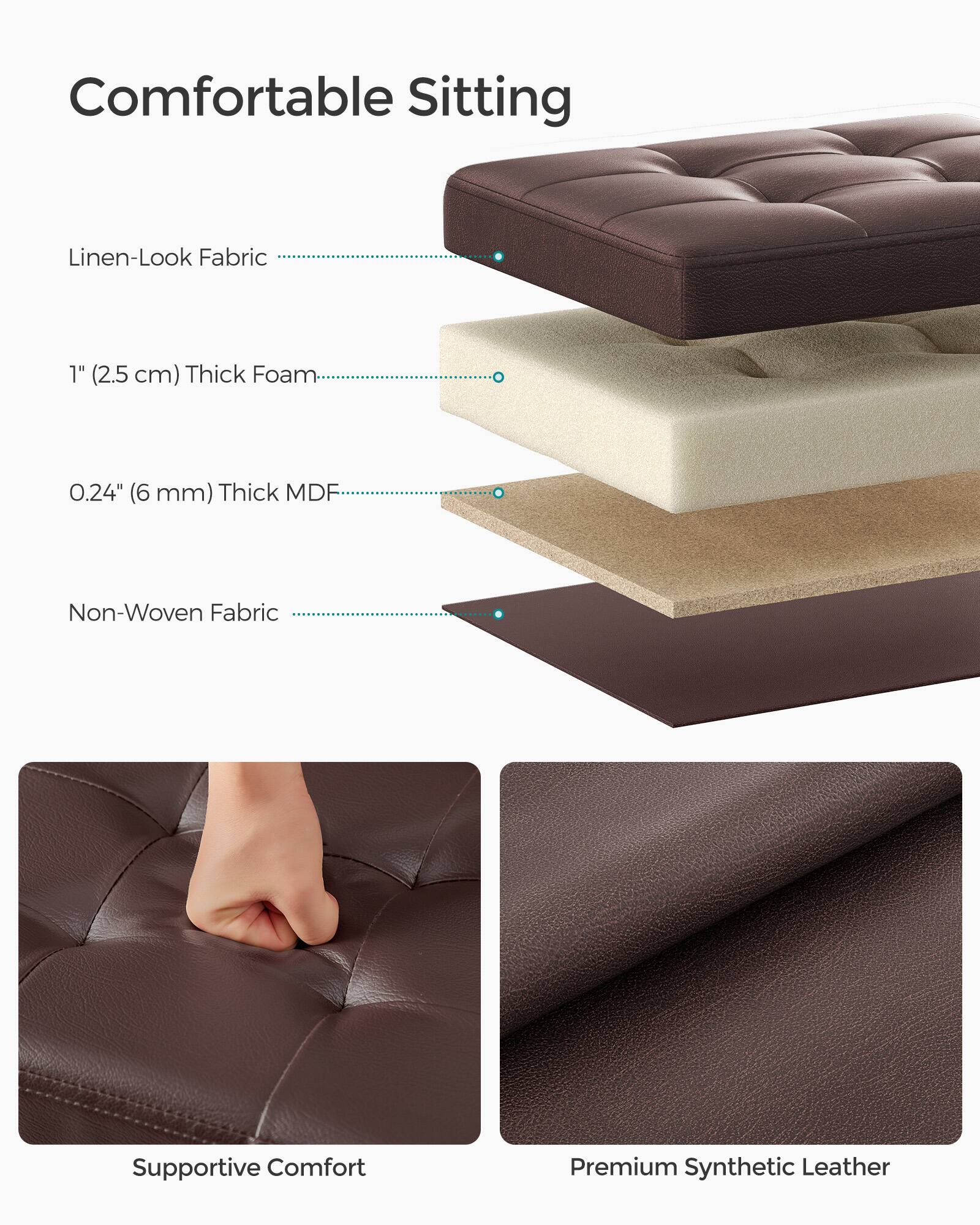 Comfortable Sitting  
Linen-Look Fabric  
1" (2.5 cm) Thick Foam  
0.24" (6 mm) Thick MDF  
Non-Woven Fabric  
Supportive Comfort  
Premium Synthetic Leather