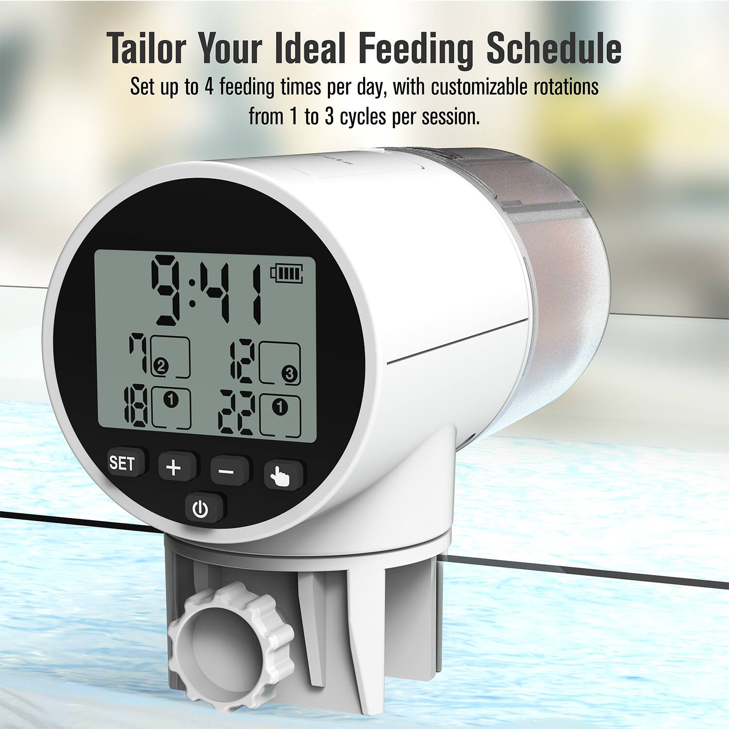 Tailor Your Ideal Feeding Schedule

Set up to 4 feeding times per day, with customizable rotations from 1 to 3 cycles per session.
