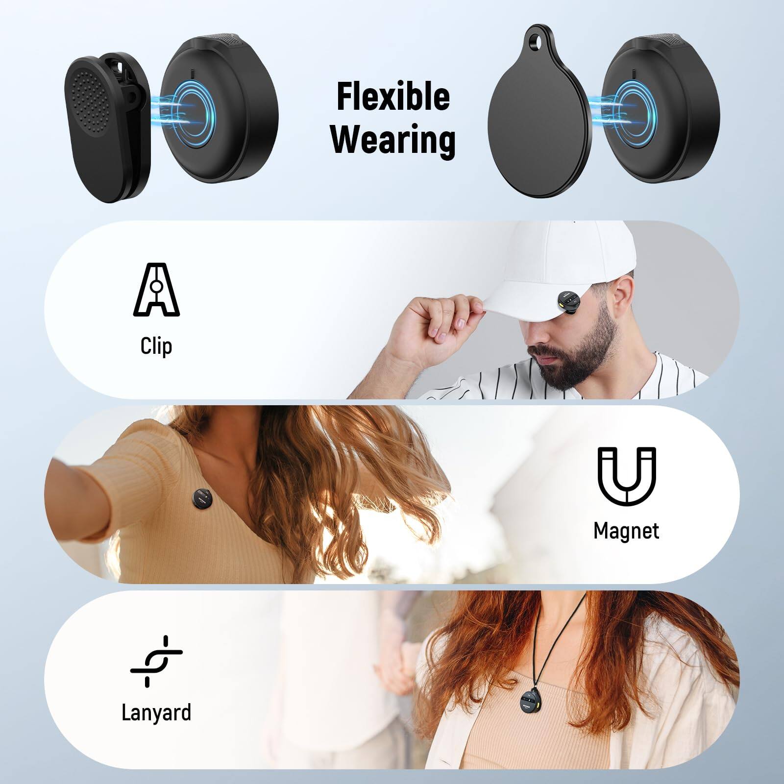 Flexible Wearing

- Clip
- Magnet
- Lanyard