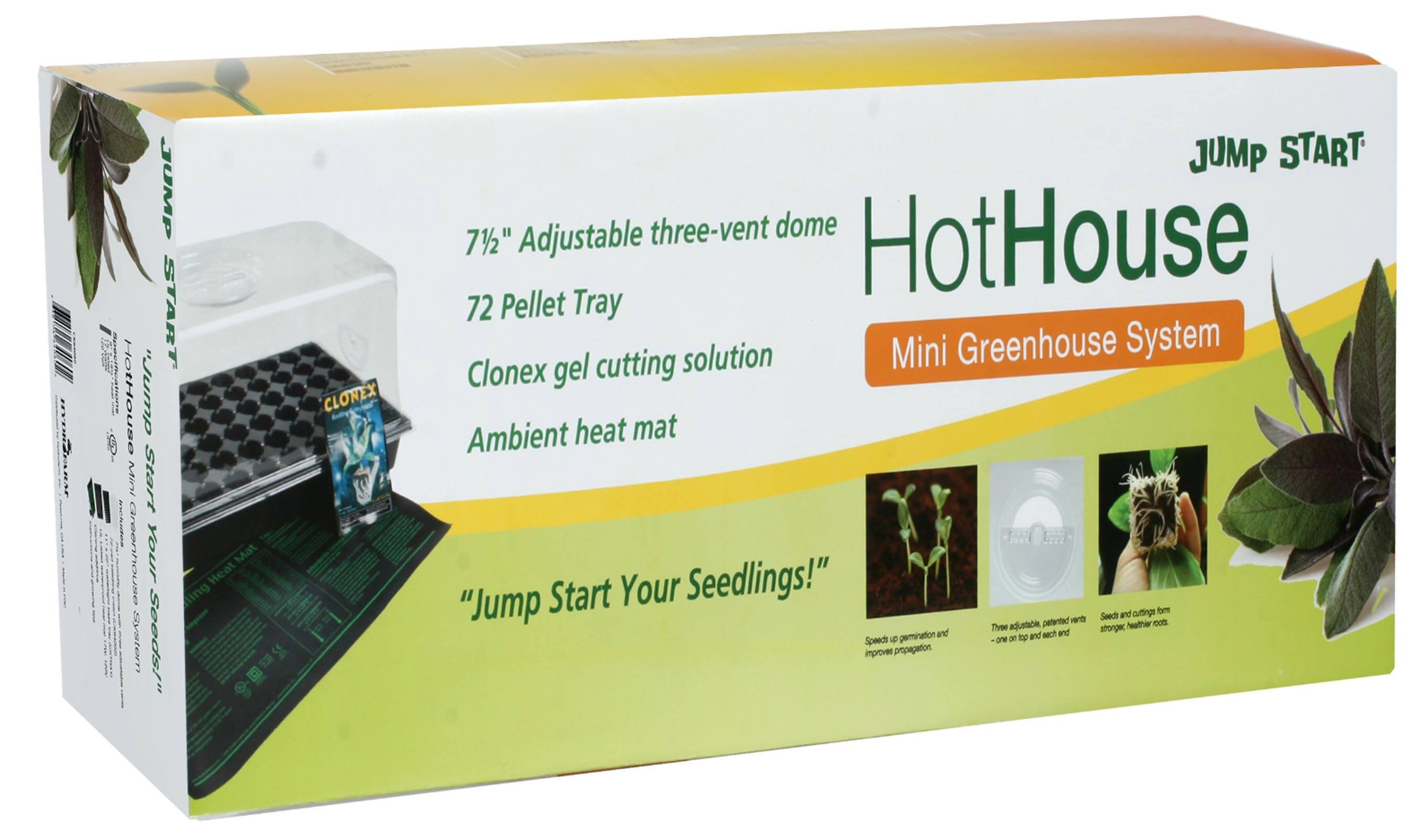 Sure, here is the corrected and grouped text from the image:

---

**JUMP START HotHouse Mini Greenhouse System**

- **7½" Adjustable three-vent dome**
- **72 Pellet Tray**
- **Clonex gel cutting solution**
- **Ambient heat mat**

**"Jump Start Your Seedlings!"**

- Speeds up germination
- Improves propagation

- Three adjustable, patterned vents – one on top and each end
- Seeds and cuttings form stronger, healthier roots

---

This text is organized to reflect the product's features and benefits as shown on the packaging.