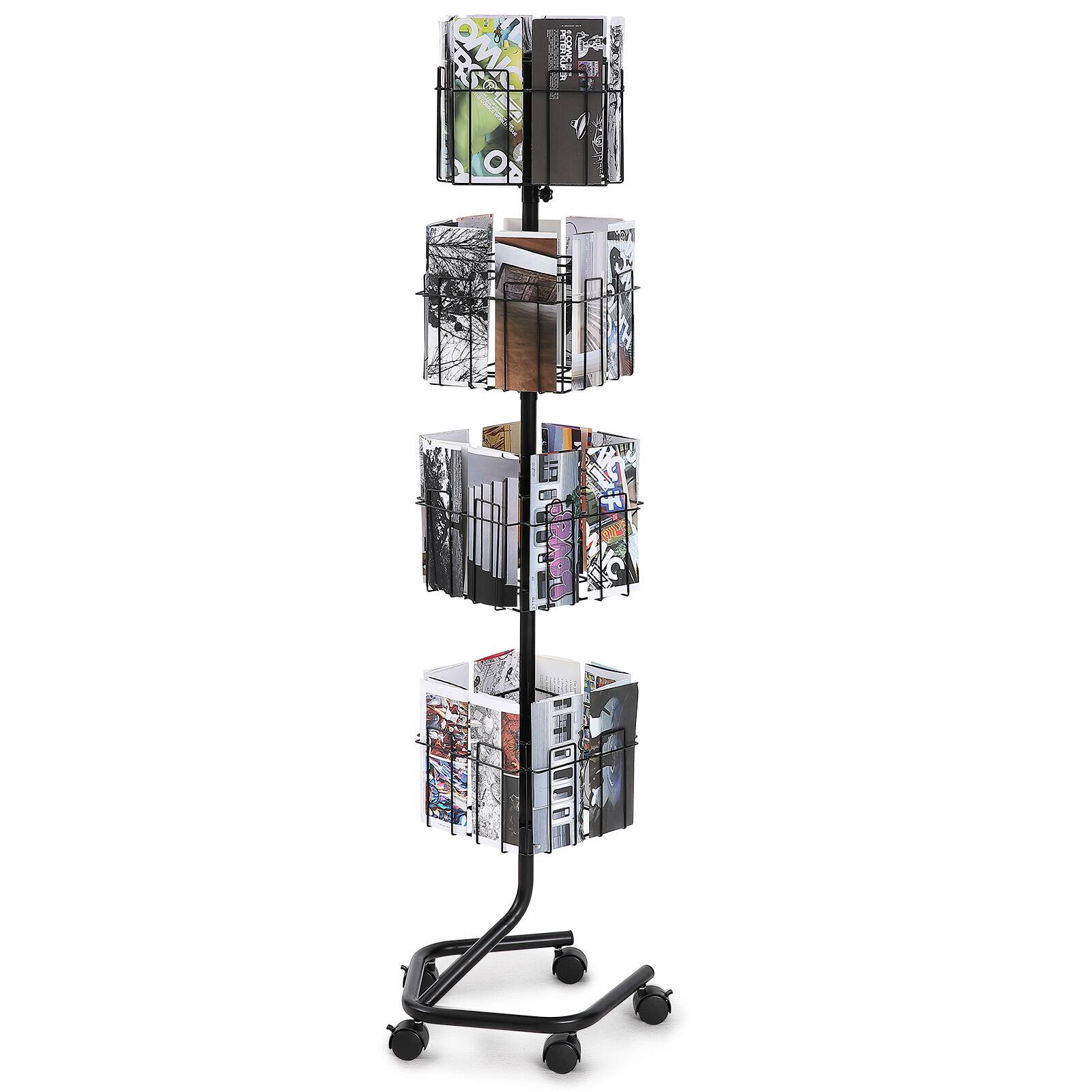 Front. VEVOR - Brochure Display Rack, 4-Tier 32 Pockets Rotating Magazine Literature Display Stand, 360° Spinning Greeting Cards Rack - Black.