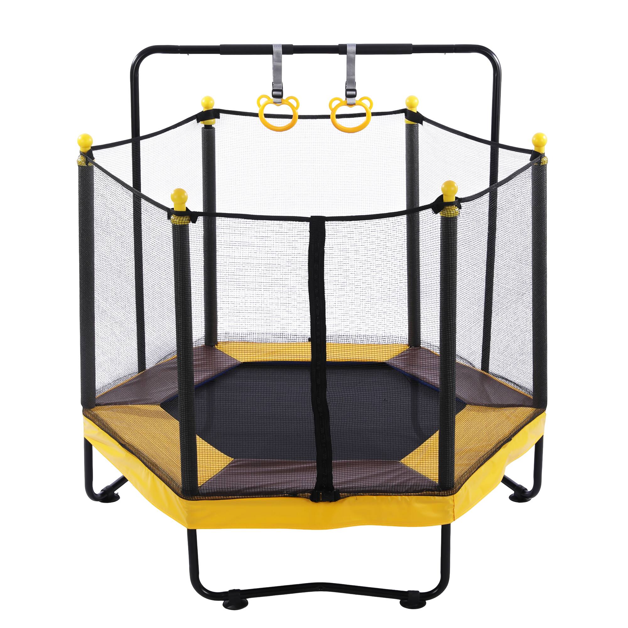 Alt View 9. Ecooso - 54" Kids Trampoline w/ Enclosure, Adjustable Gym Bar, Basketball Hoop, Rings, Boxing Bag, Ages 1-8 - Brown+Yellow.