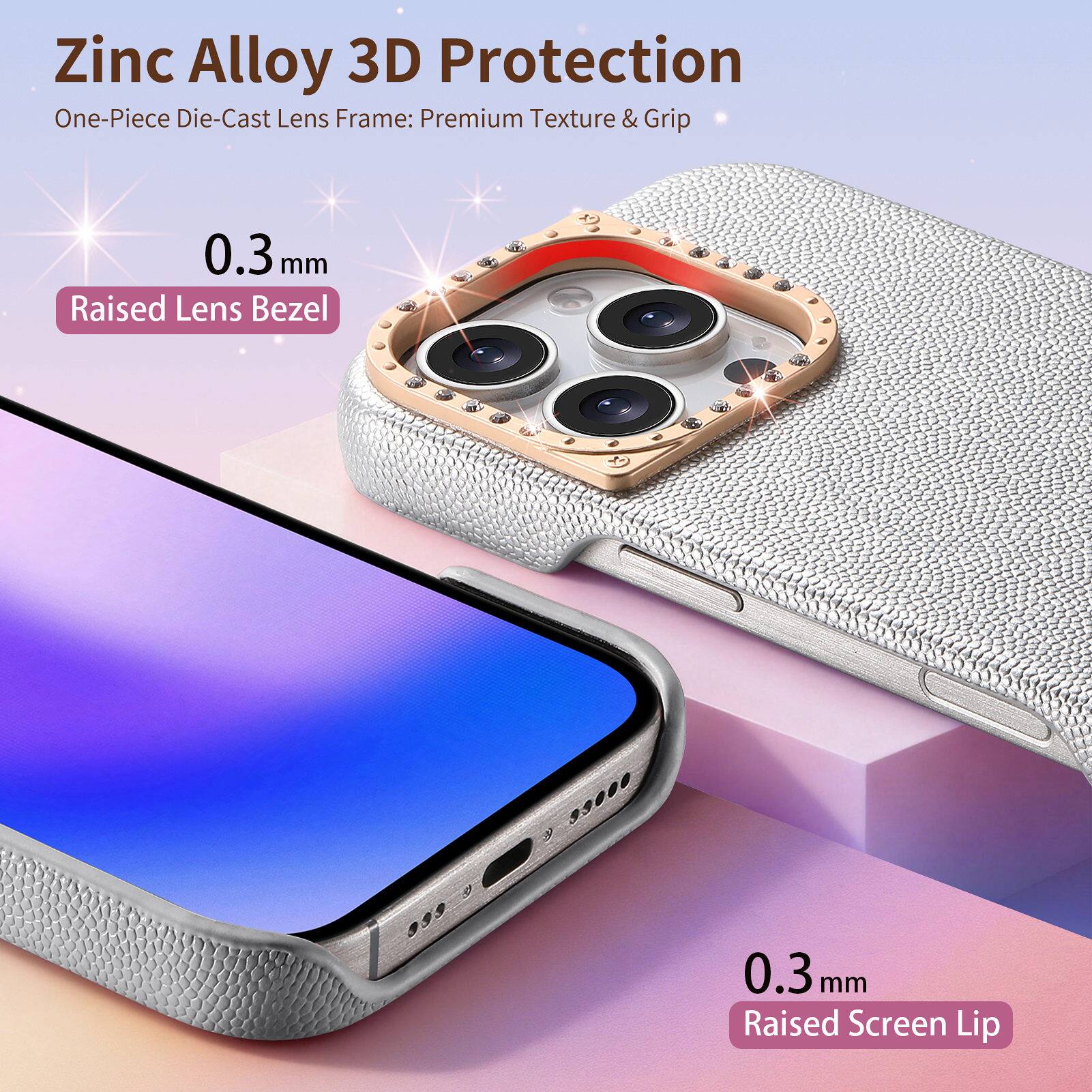 Zinc Alloy 3D Protection  
One-Piece Die-Cast Lens Frame: Premium Texture & Grip  
0.3 mm Raised Lens Bezel  
0.3 mm Raised Screen Lip