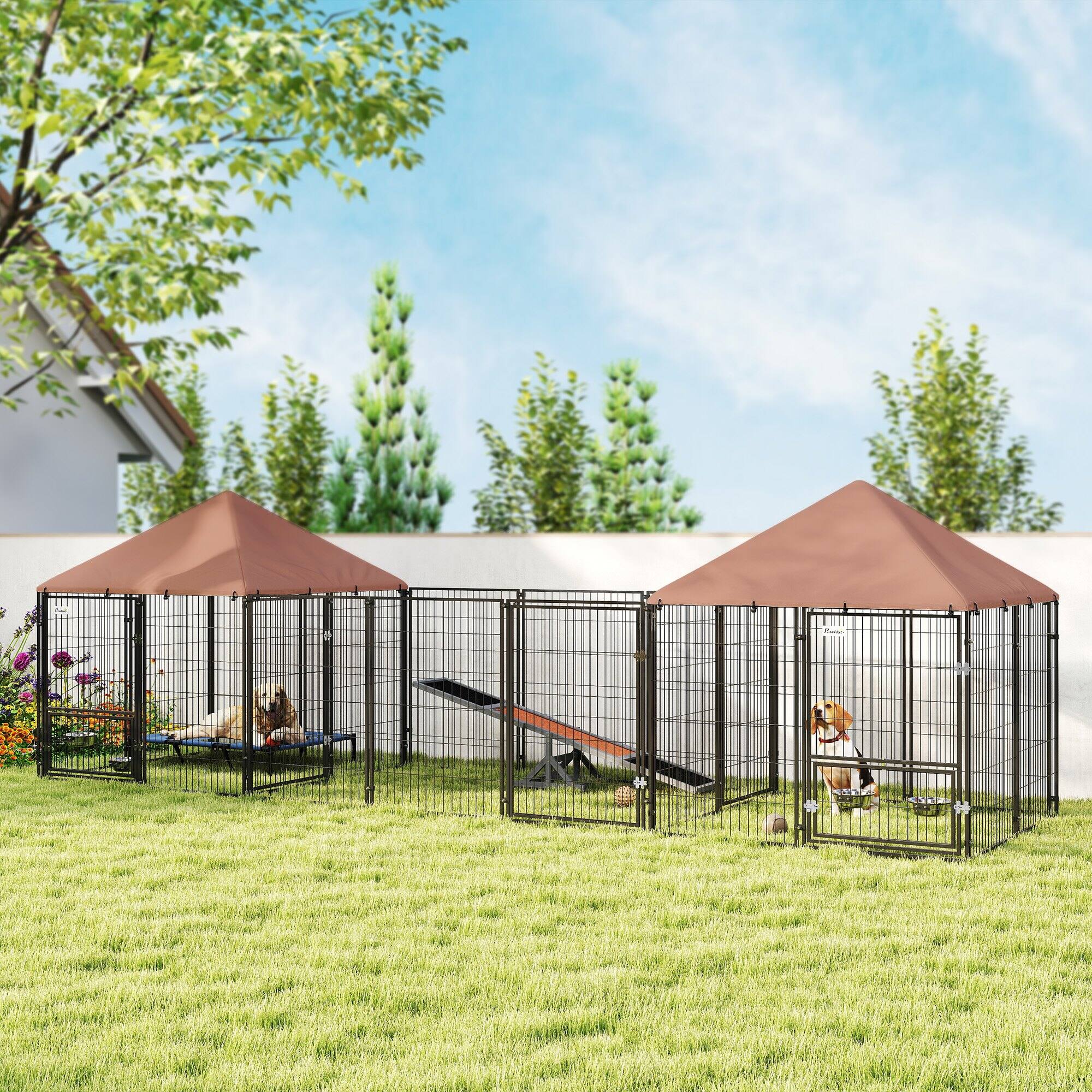 Angle. Pawhut - Dog Kennel Outside with 2 Rooms, Large Run, Rotating Bowls, Waterproof Canopy, Welded Wire, 16.2'x4.7'x5.1'.