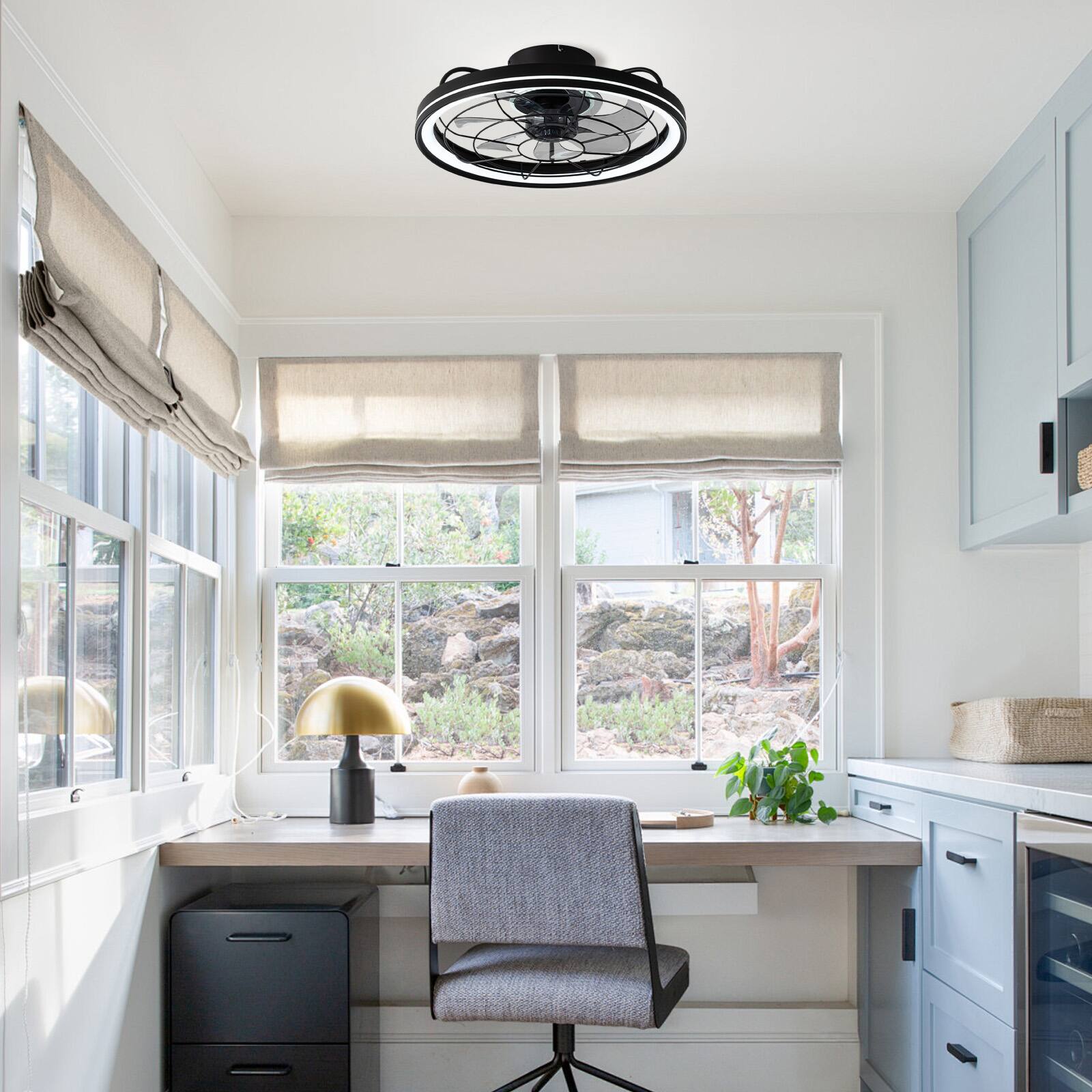 Alt View 3. Siljoy - 20-in Modern Black Caged Ceiling Fan with LED Light Remote App Control 6 Speed Reversible DC Motor - Black.