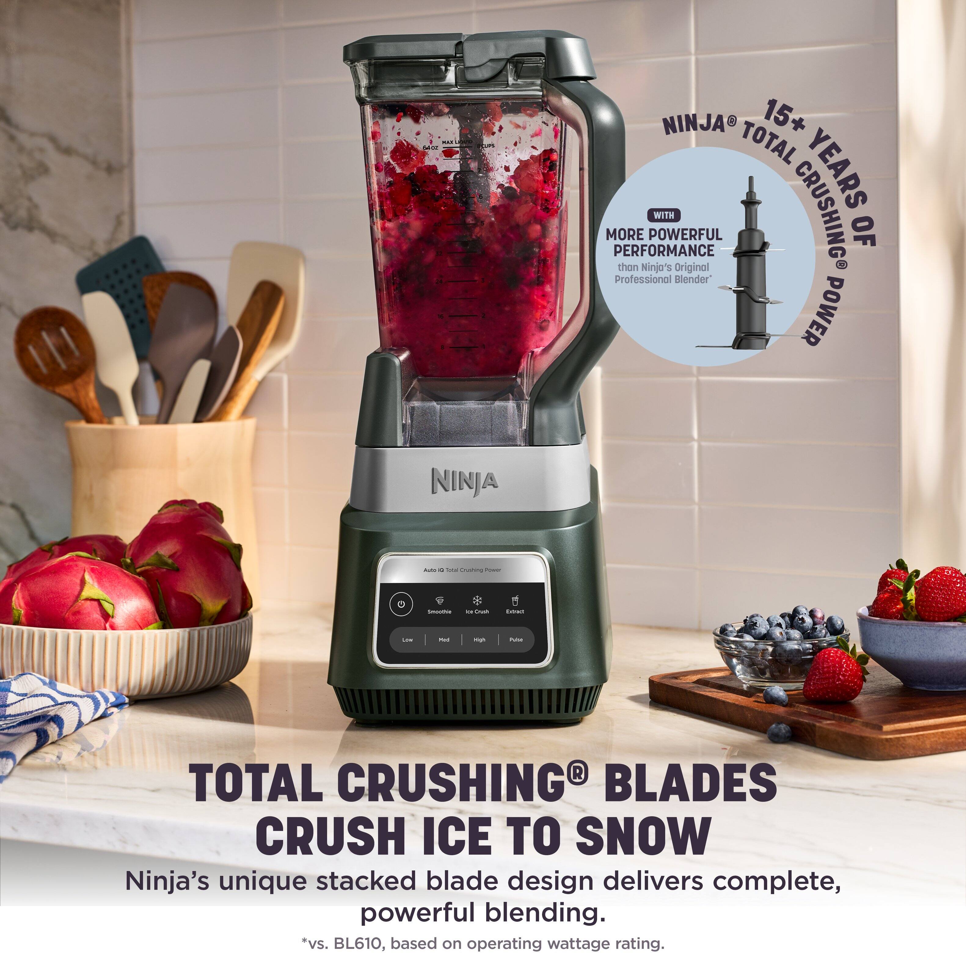 U.M. 54OZ 16  
DM 1  
NINJA: TOTAL 15+ MORE POWERFUL WITH CRUSHING YEARS OF PERFORMANCE than Ninja's Original Professional Blender POWER  
NINJA  
- 278 Crushing Power  
- Smoothin  
- IT Crush  
- Letract  
- Low  
- Med  
- High  
- Potas  
- TOTAL CRUSHING BLADES CRUSH ICE TO SNOW  
Ninja's unique stacked blade design delivers complete, powerful blending. *vs. BL610, based on operating wattage rating.