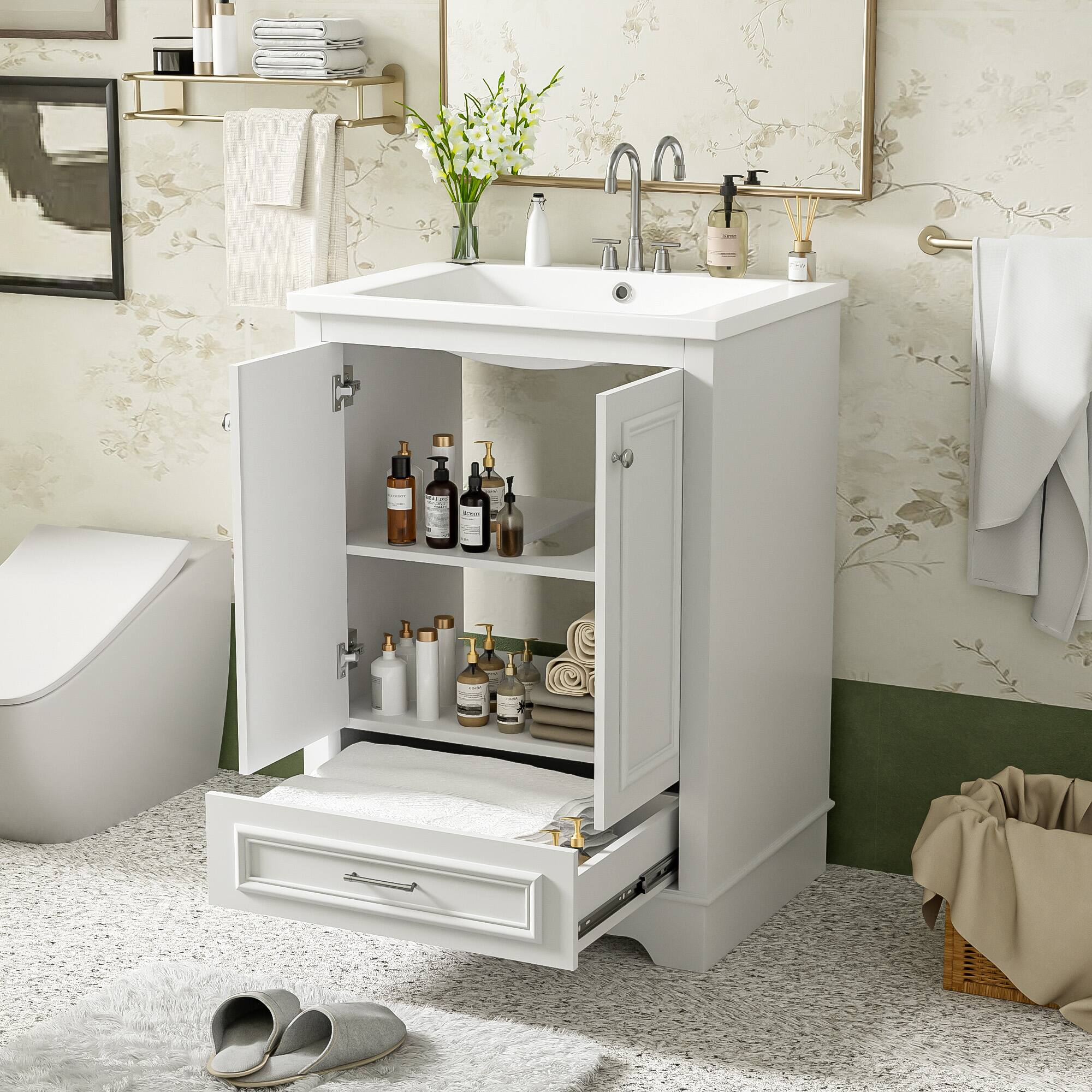 Alt View 8. Glintex - 24" Bathroom Vanity with Sink Combo, Modern Freestanding Storage Cabinet, Soft-Closing Doors, Silver Handles - White.