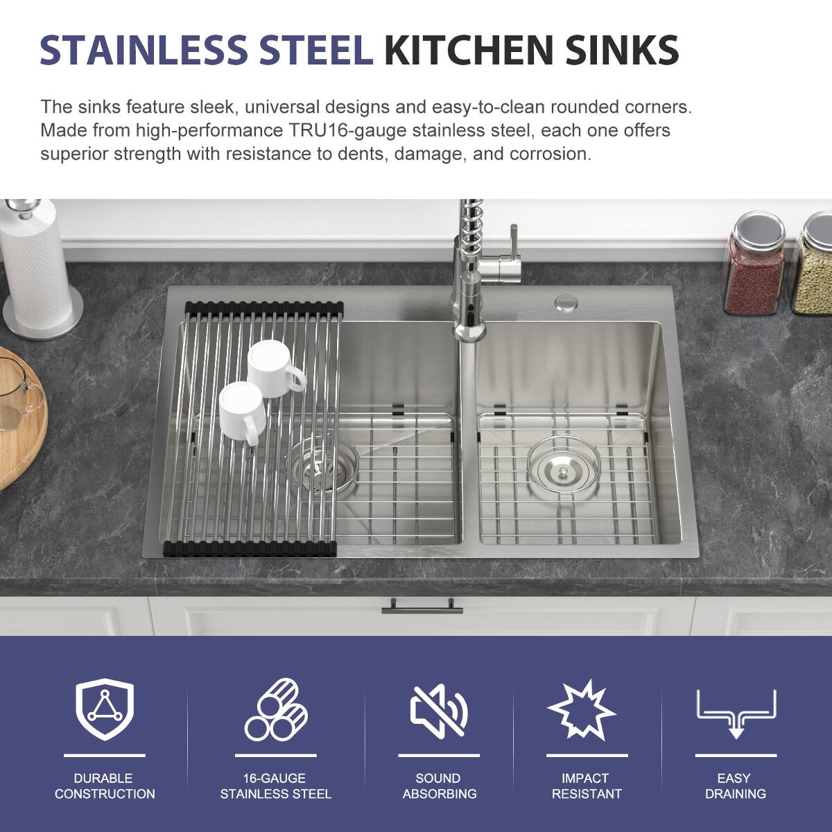 Ropilly 33 inch drop in double bowl kitchen sink, 16 gauge T304 ...