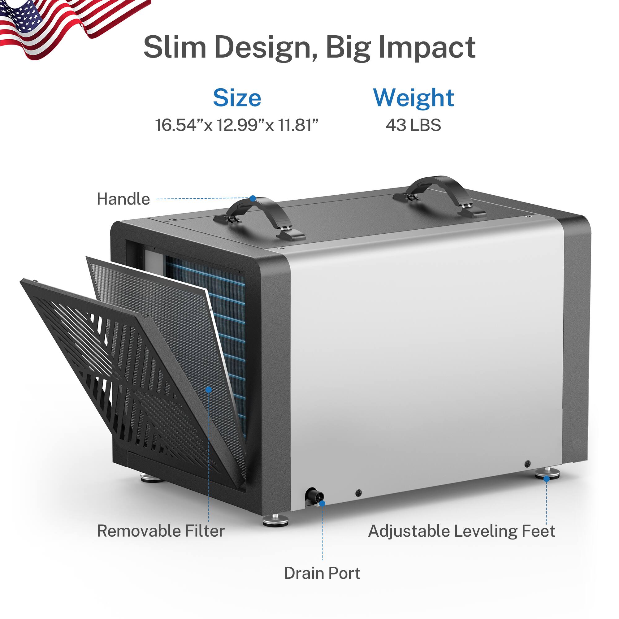 Slim Design, Big Impact

Size: 16.54" x 12.99" x 11.81"

Weight: 43 LBS

Handle

Removable Filter

Adjustable Leveling Feet

Drain Port