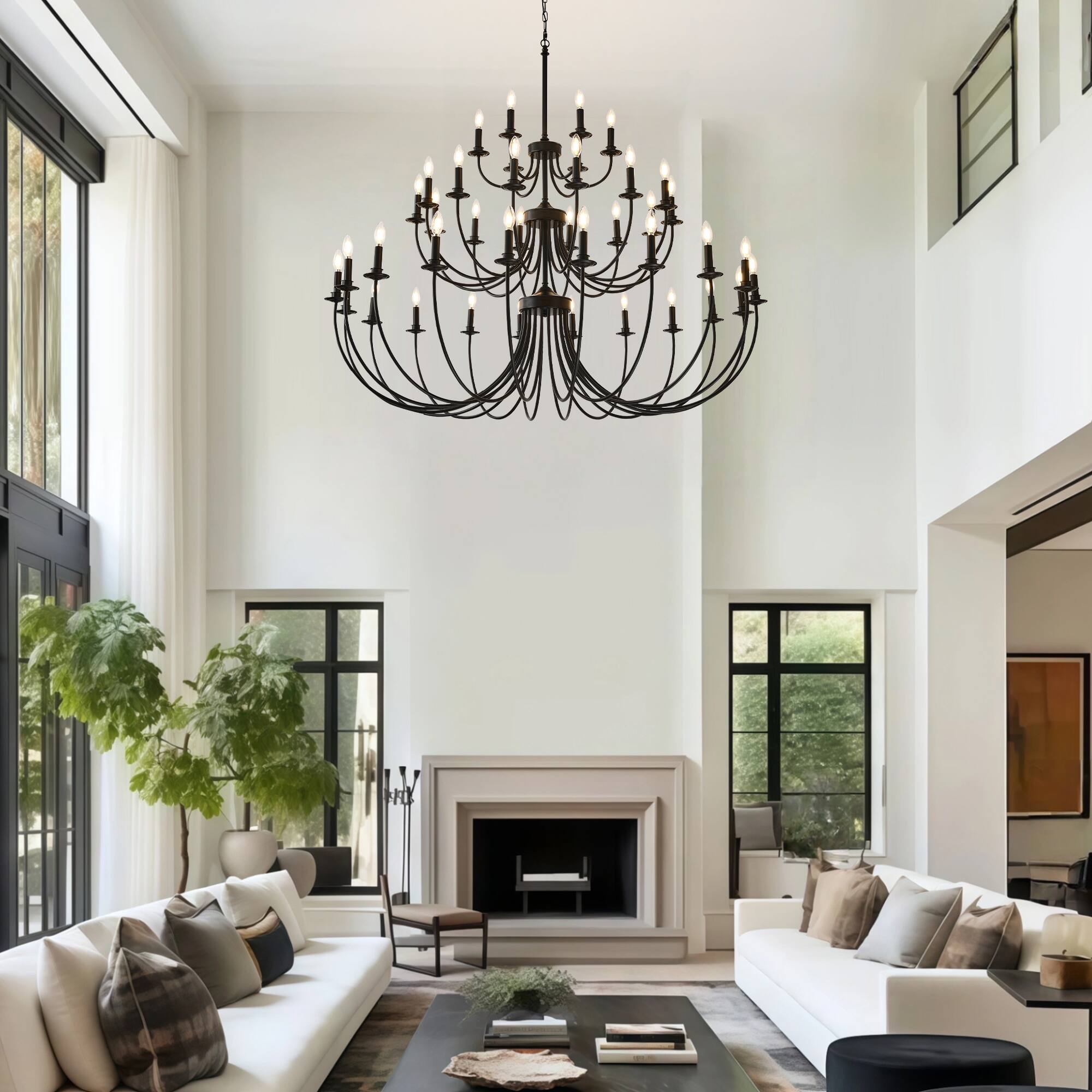 Angle. RYHNUYNE - 40 Lights Black Chandelier, 3-Tier Farmhouse Chandeliers for Dining Room, Large Industrial Candle Pendant Light Fixtures - Black.