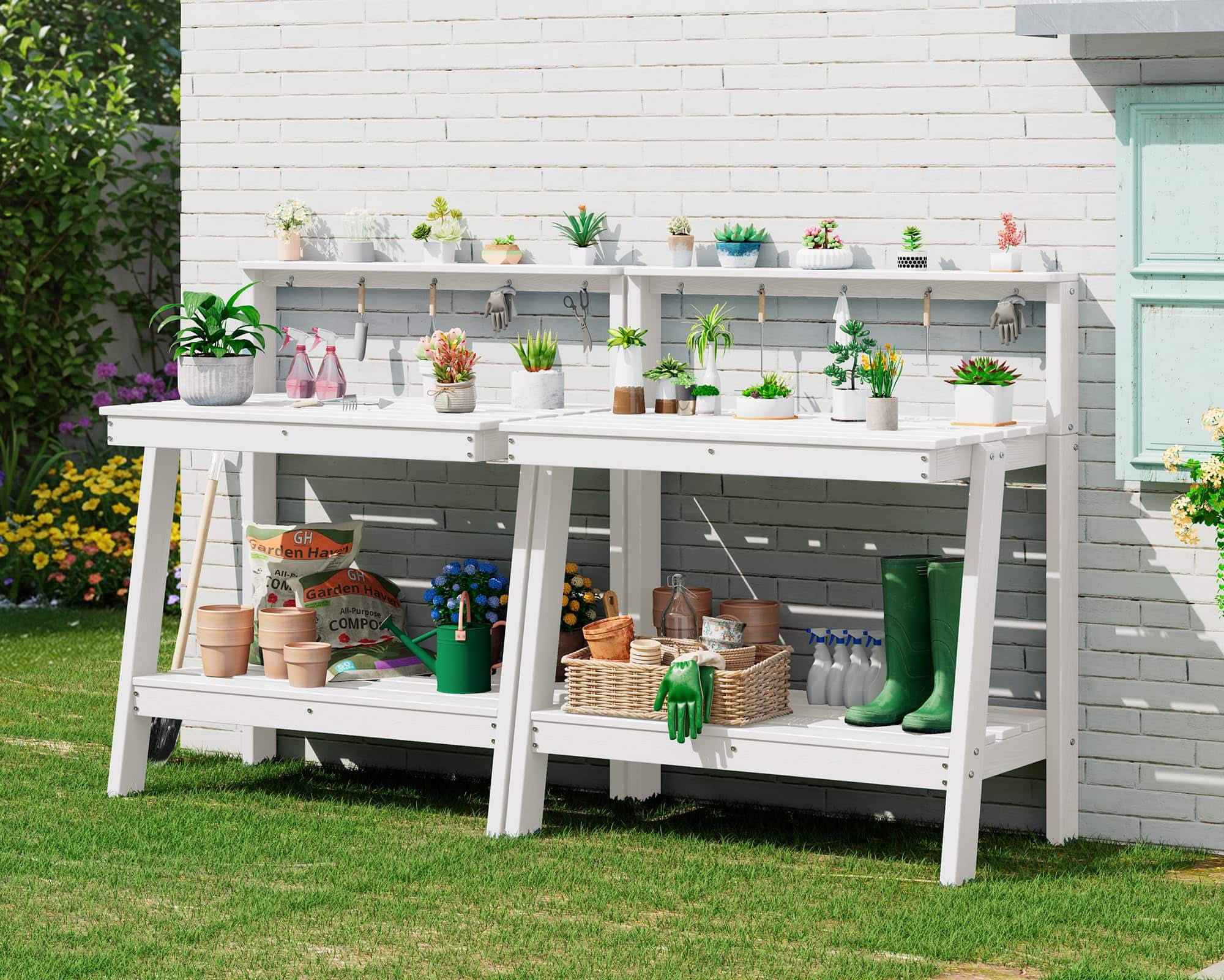 SERWALL - 3-Tier HDPE Heavy Outdoor Potting Table Set of 2, Workbench with Storage and Angled Legs & Tool Hooks, All Weather - White price history on PriceWatchPro