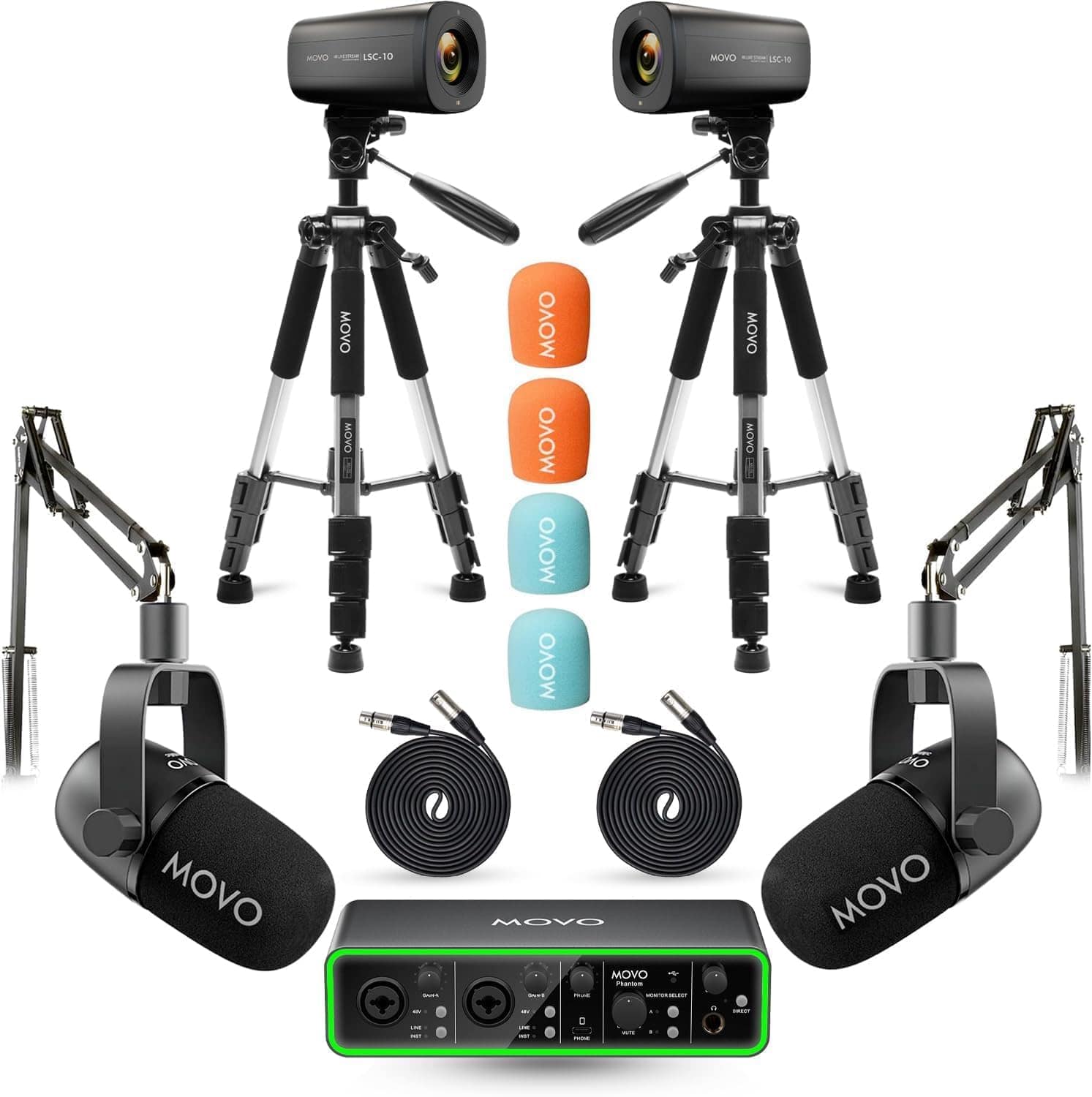 MOVO - Two Person Video Podcast Equipment Bundle - Two 4K Cameras, Audio Interface, 2 Dynamic Mics, 2 Tripods, 2 Boom Arms