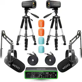MOVO - Two Person Video Podcast Equipment Bundle - Two 4K Cameras, Audio Interface, 2 Dynamic Mics, 2 Tripods, 2 Boom Arms