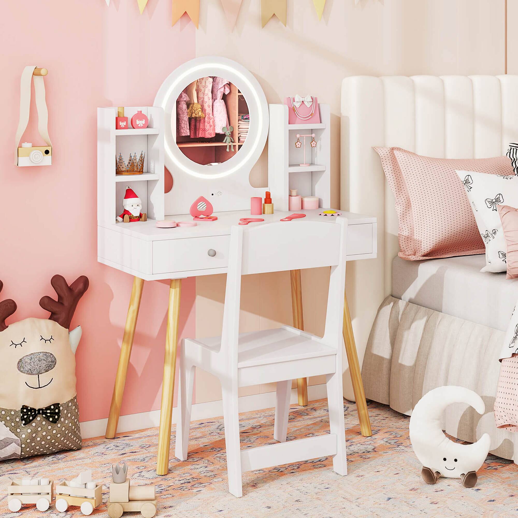 Alt View 1. Costway - Costway Kids Vanity Set Princess Vanity Desk Set with 2-Color LED Lighted Acrylic Mirror - White.