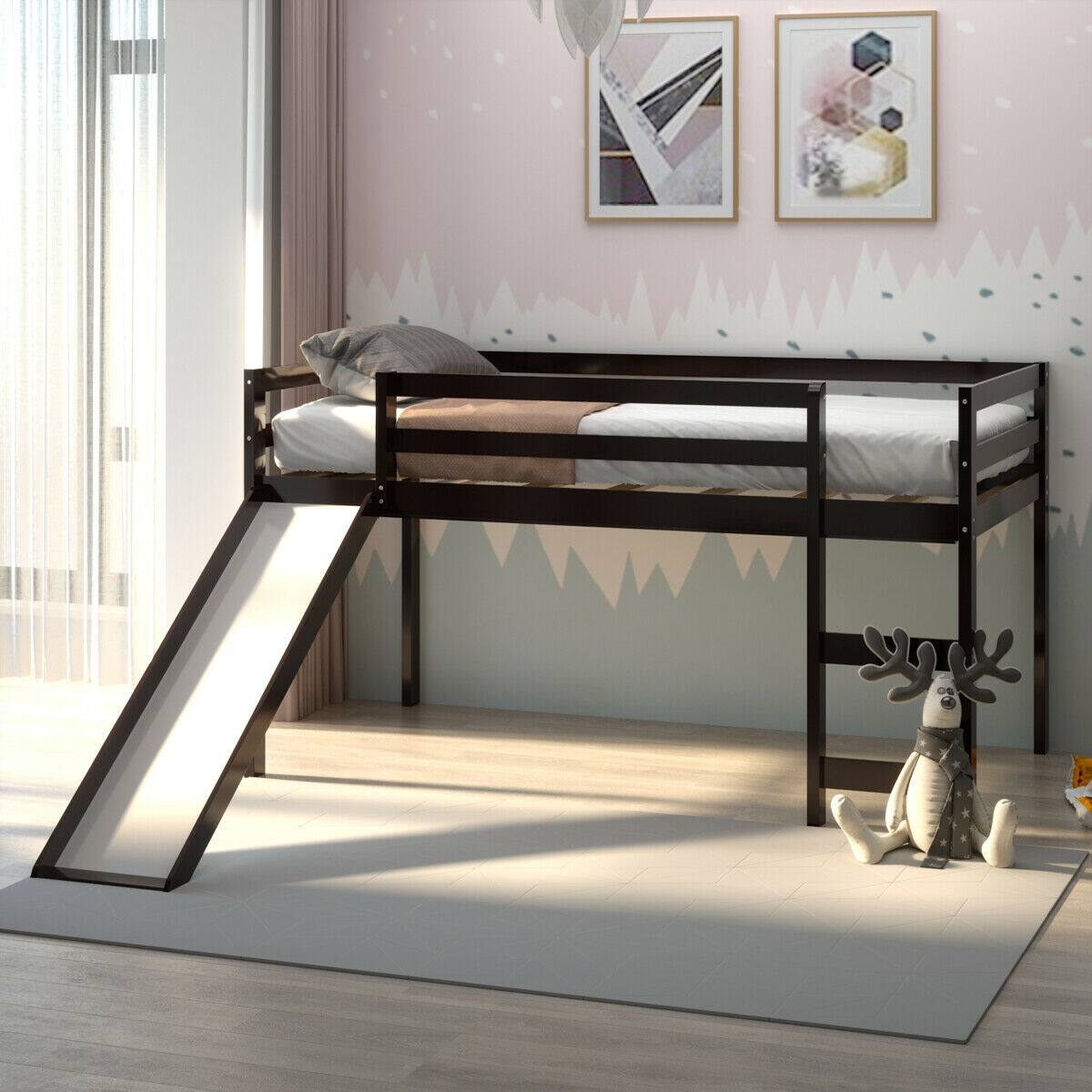 Alt View 5. Gymax - Gymax Twin Size Loft Bed with Slide Wood Low Sturdy Loft Bed Bedroom Espresso - Espresso.
