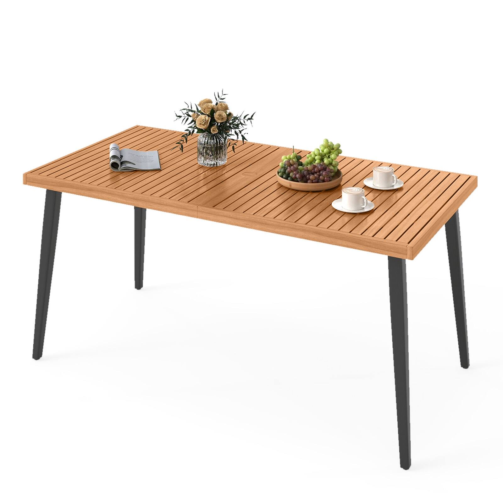 Gymax - 63'' Outdoor Indoor Dining Table w/Acacia Wood Slatted Tabletop Umbrella Hole - Black