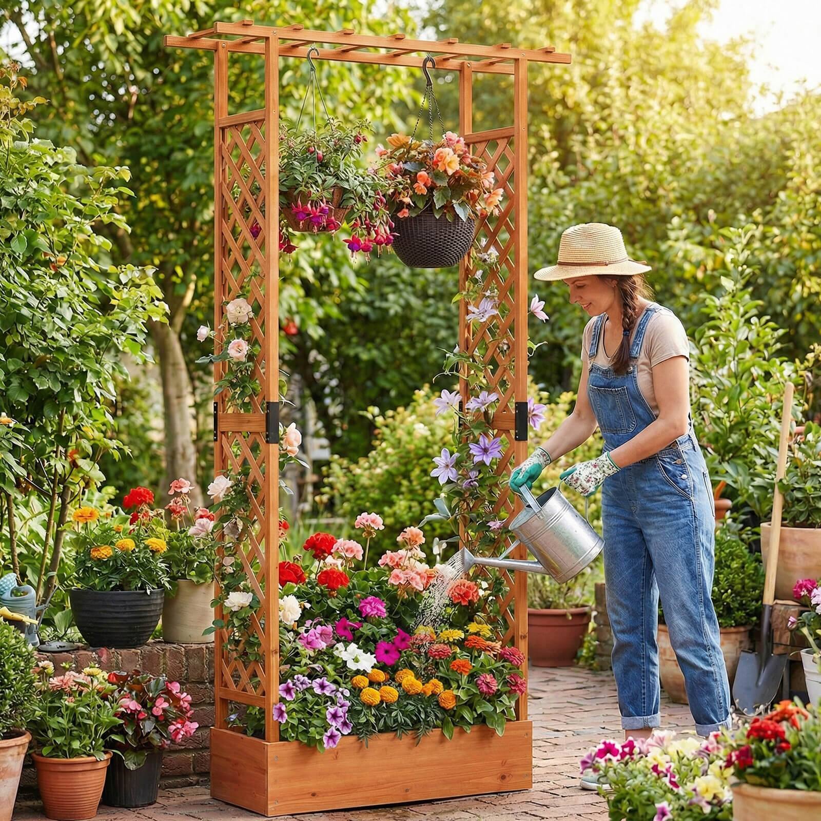 Alt View 4. Costway - Costway 2 PCS 89" Wooden Raised Garden Bed with Trellis & Hanging Roof, Drainage Holes - Orange.