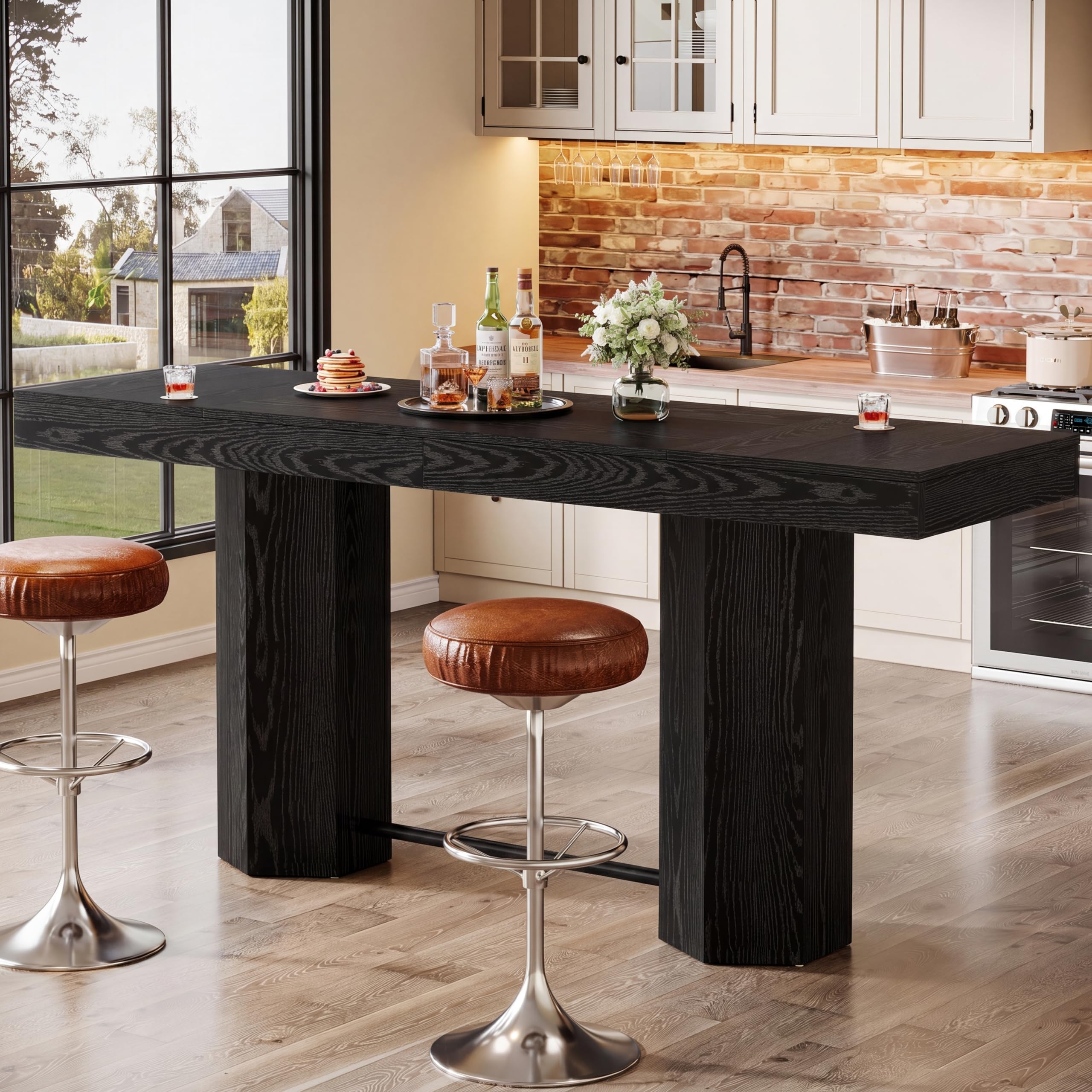 Tribesigns - 70.9-Inch Industrial Bar Table with Dual-Pillar Base and Metal Footrest for Kitchen or Home Bar - Black