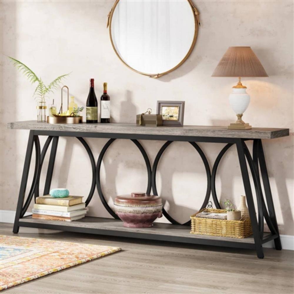 Left. Hivvago - Industrial 70-inch Grey Wood Top Sofa Table with Heavy Duty Black Metal Frame - Grey, Black.