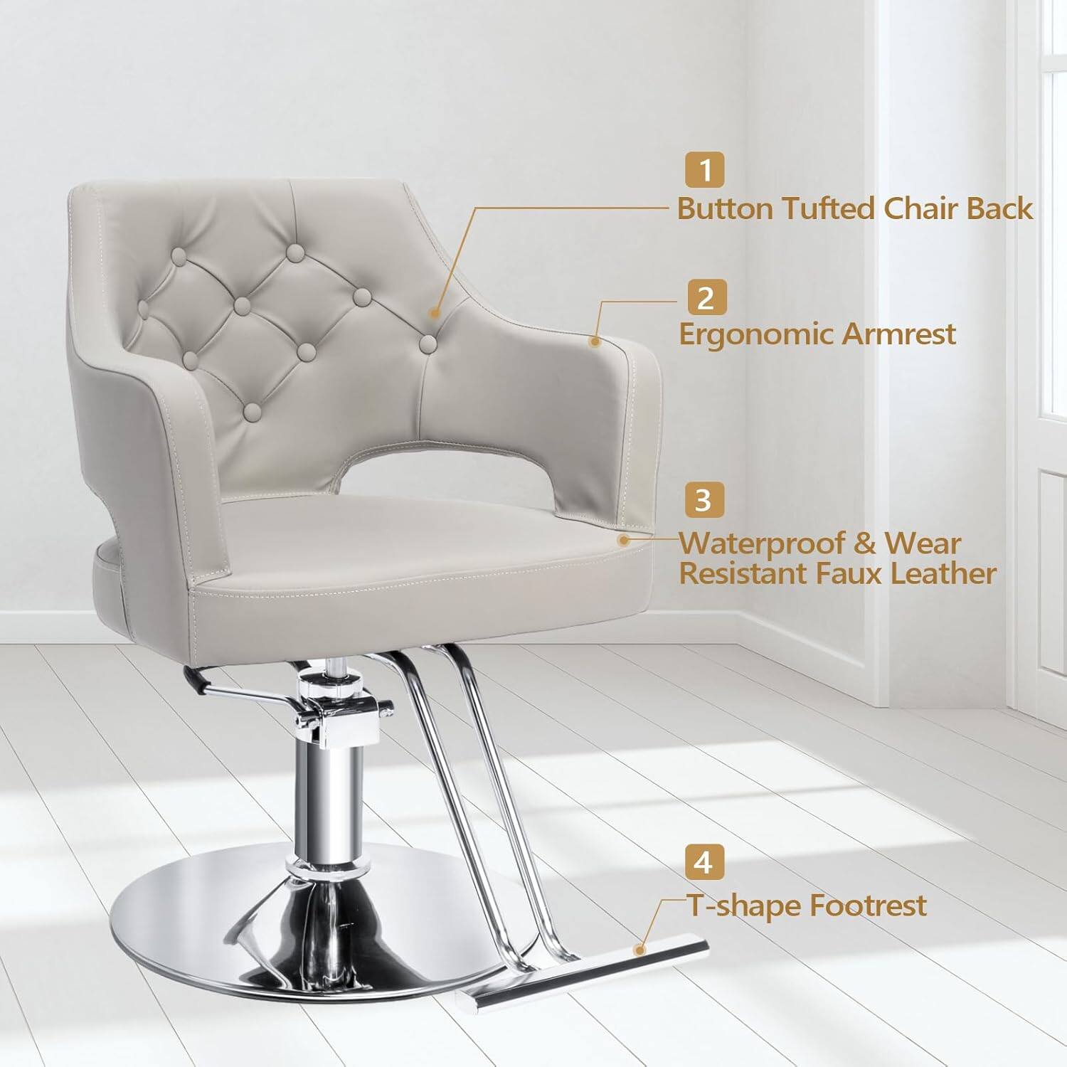 1. Button Tufted Chair Back  
2. Ergonomic Armrest  
3. Waterproof & Wear Resistant Faux Leather  
4. T-shape Footrest