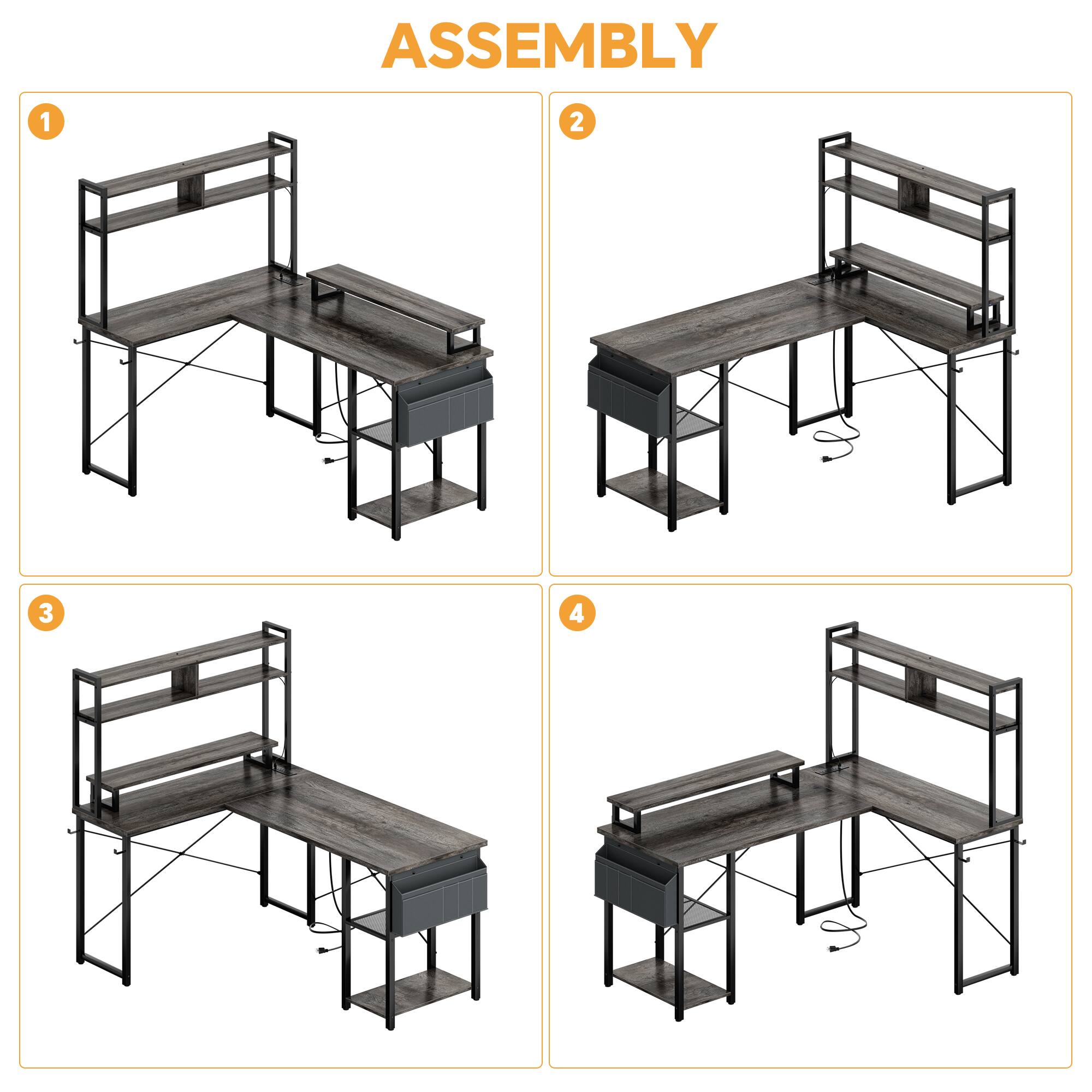 Alt View 1. Aheaplus - Small Reversible L-Shaped Gaming Desk: LED Lights, Power Outlets, Monitor Stand & Storage for Home Office Corner - Gray Oak.