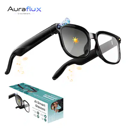 Auraflux Live Smart.
AI Smart Glasses
HEOSS
Al 2N smart
N Glasses
cmans Jepa to
2
mans
6 Tepptgn O Son &
a smart LOokS DO0O on