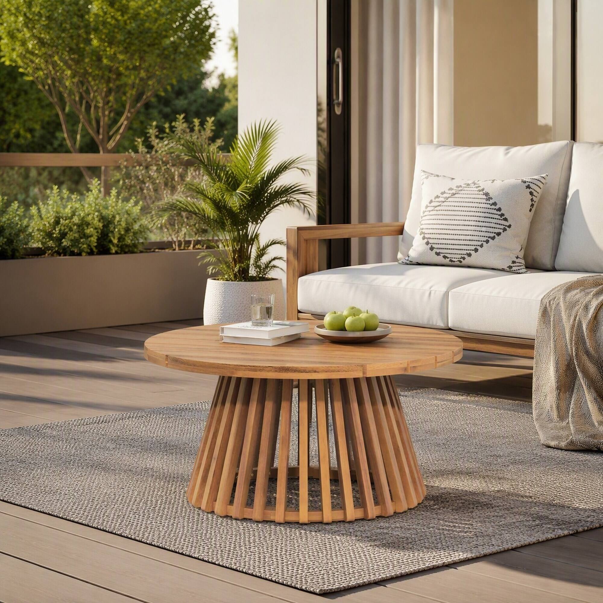 Left. RYHNUYNE - Round Outdoor Wood Coffee Table,Patio Accent Table with Slatted Pedestal Base,Wooden Side Table for Backyard - Light Teak.