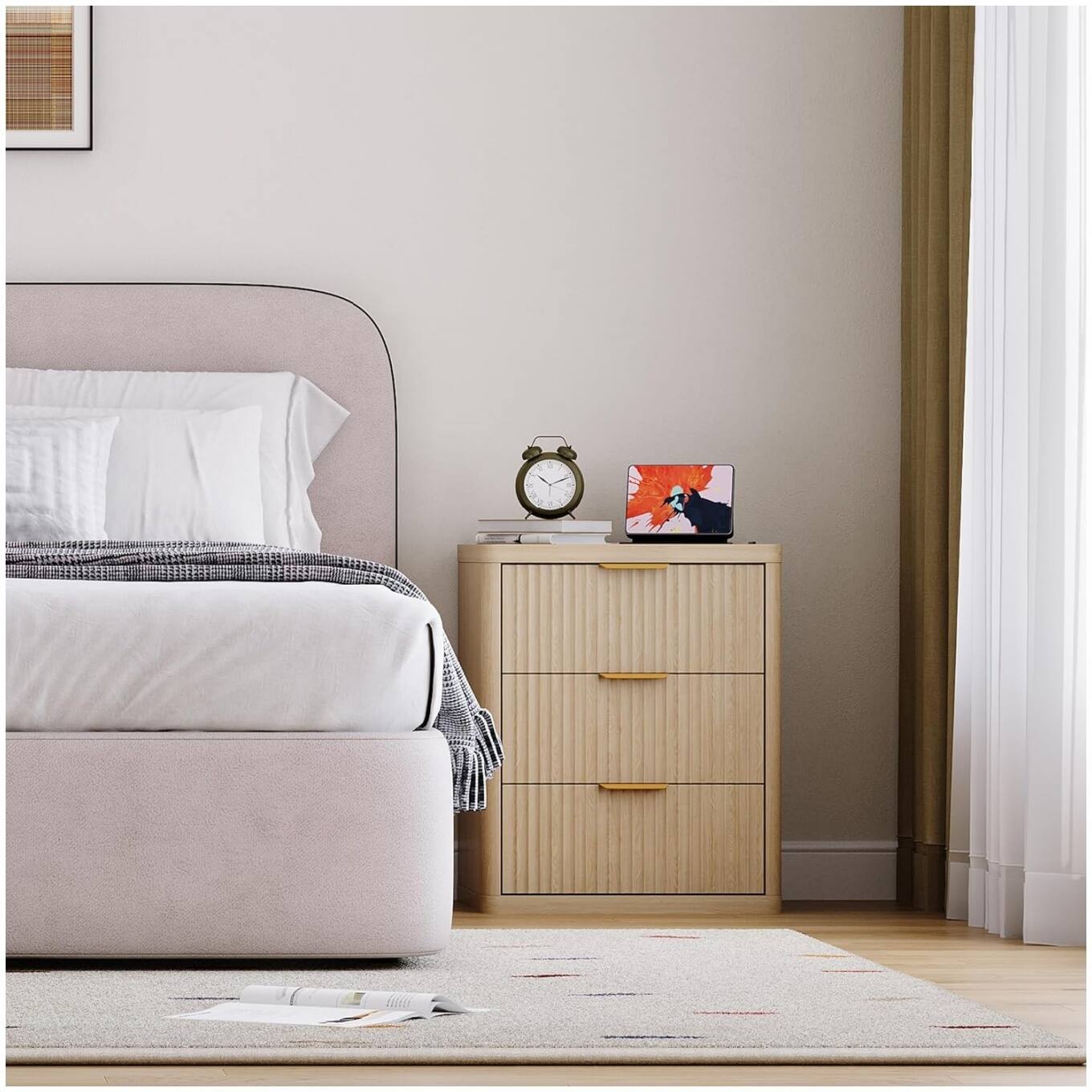 Left. GARVEE - Fluted Nightstand Set of 2, Bedside Table Built-in Charging Station, Featuring 3 Drawer & Open Storage Space, Natural - Natural.