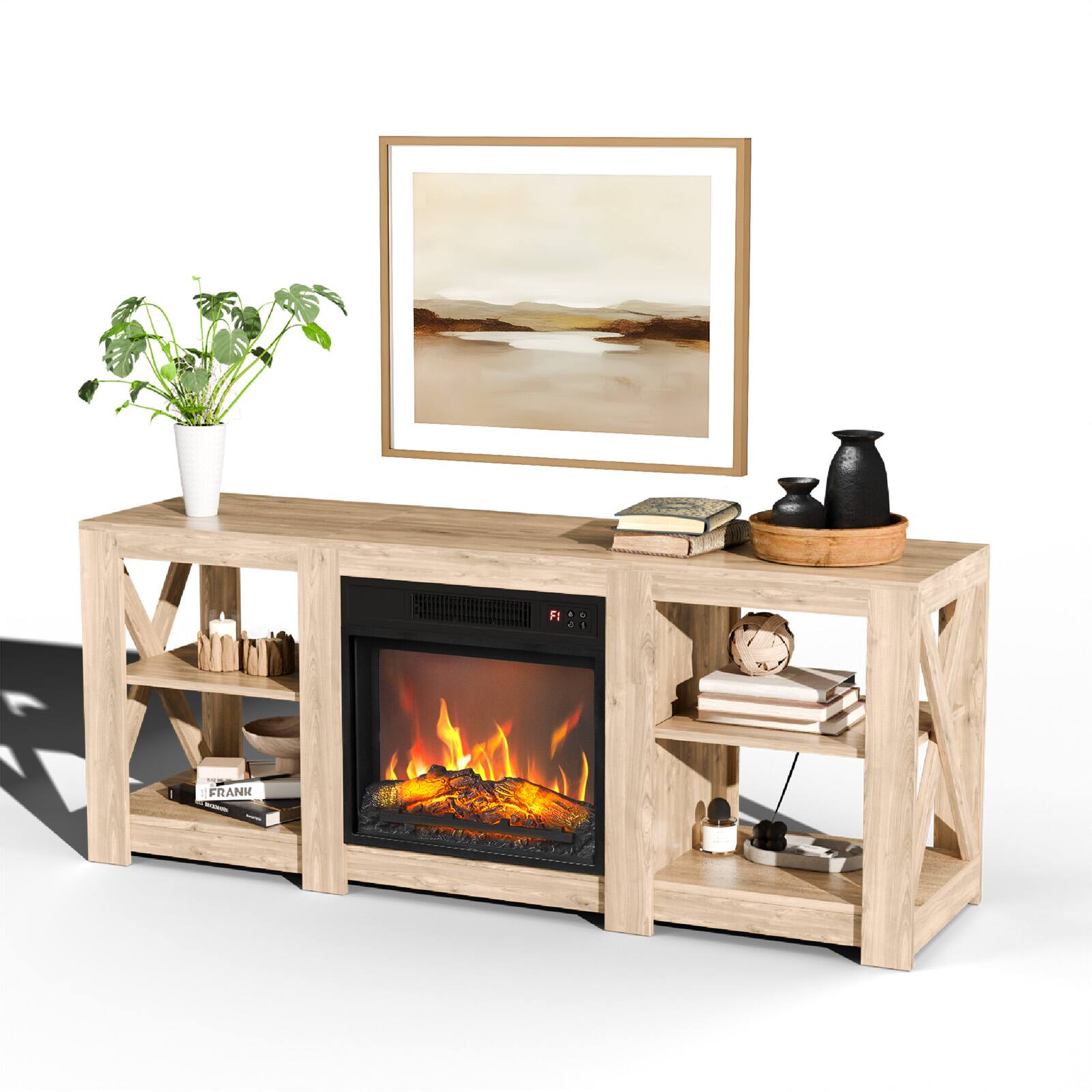 Alt View 1. Winado - 59" Electric Fireplace TV Stand with Remoted 18" Fireplace Storage Cabinet Shelves for TVs Up to 65 inch - Natural Oak.