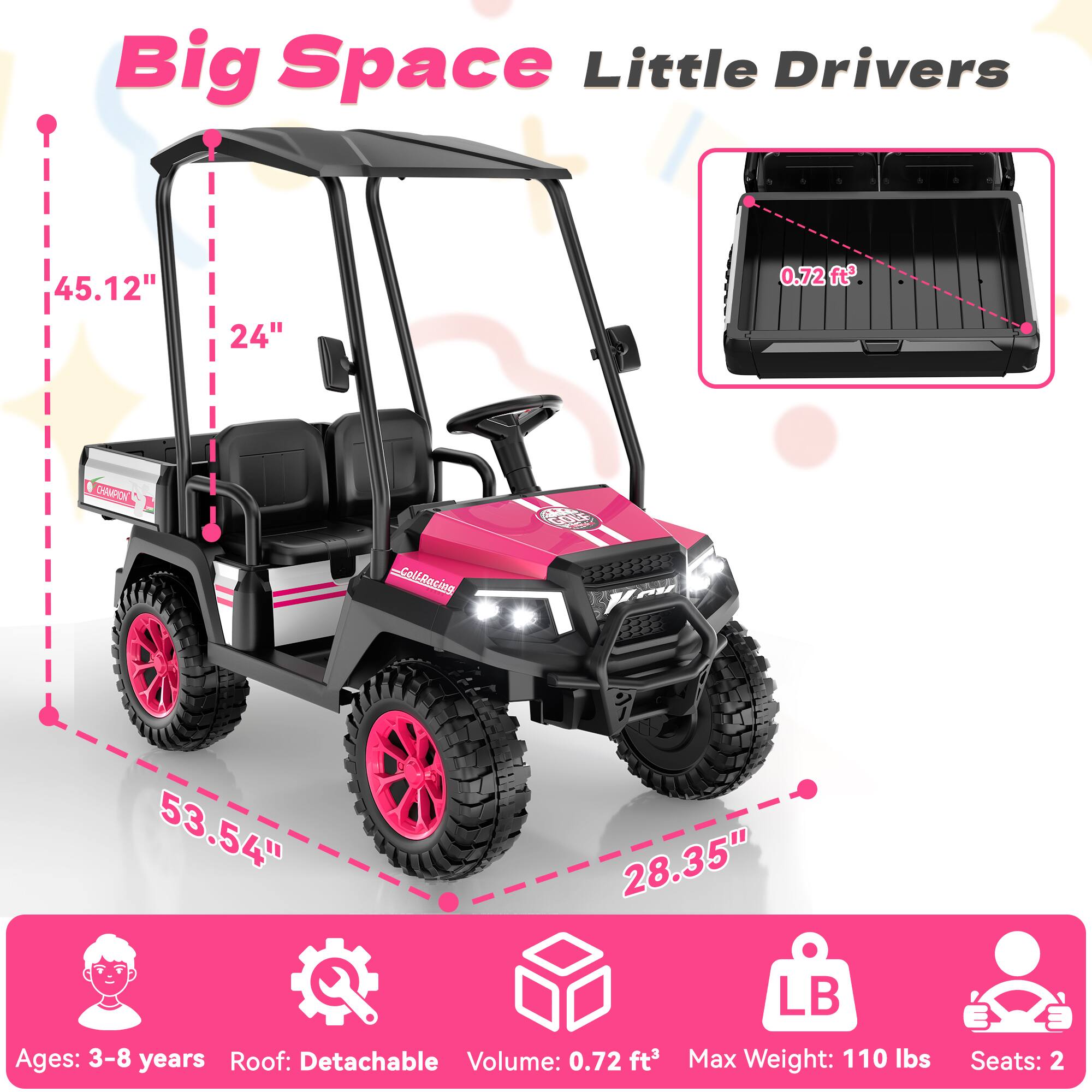 Big Space Little Drivers

45.12"
24"
0.72 ft³
CHAMPION
Coll-Racing
53.54"
28.35" LB

Ages: 3-8 years
Roof: Detachable
Volume: 0.72 ft³
Max Weight: 110 lbs
Seats: 2