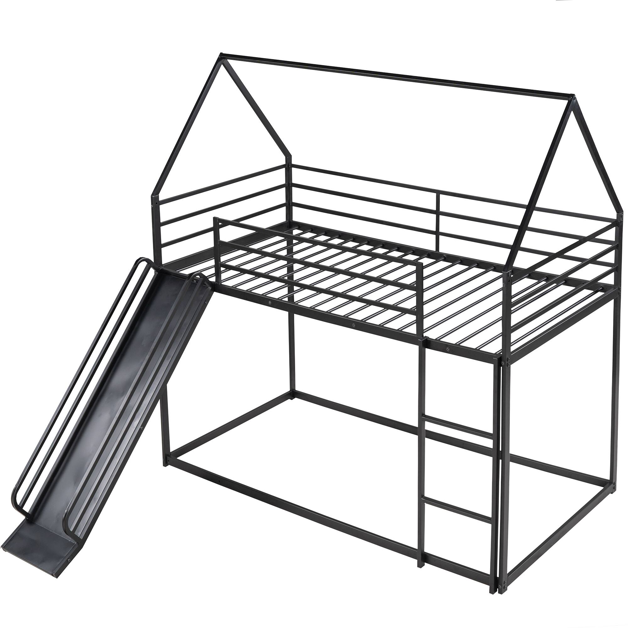 Alt View 5. Spaco - Spaco Metal House Bunk Bed with Slide and Ladder, Twin over Twin and  Safety Guardrail, Playhouse Design for Kids - Black.