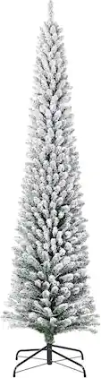 Maxxis Merch - 9ft Pre-Lit Flocked LED Pencil Christmas Tree, Slim, Hinged Metal Stand for Home or Office Holiday Decor - Green